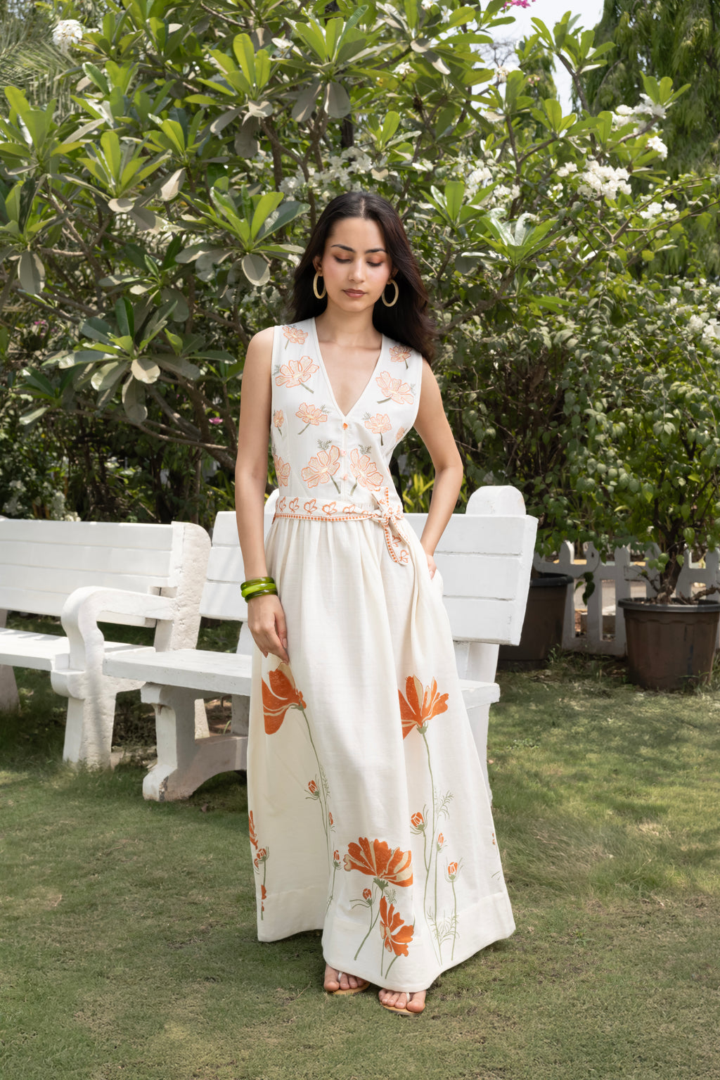 V-Neck Embroidered Floral Maxi Dress with Tie-Up Waist by Kamakhyaa India with Cosmos by Akashi Clothing, Internal Tags Missing at Kamakhyaa India for sustainable fashion