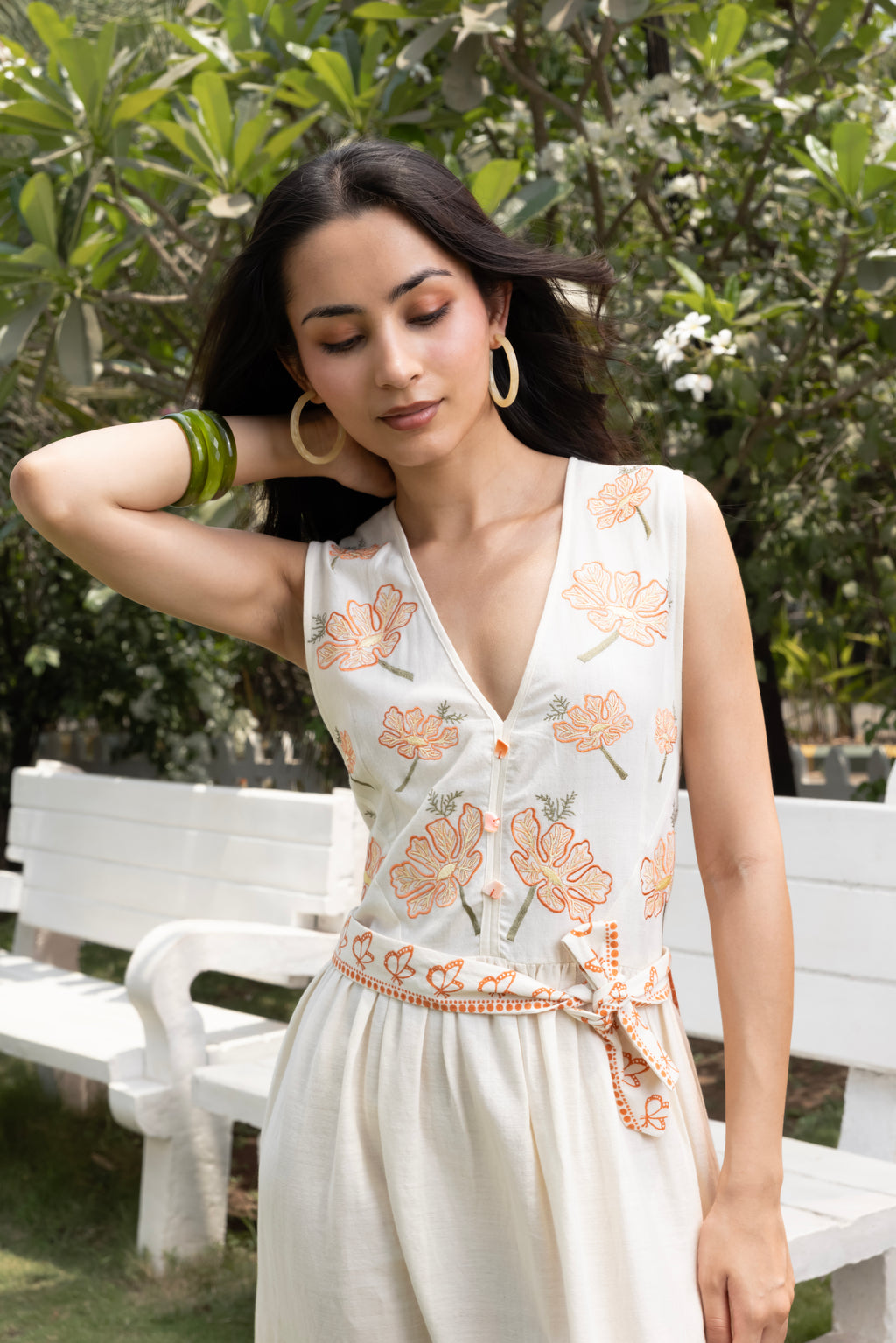V-Neck Embroidered Floral Maxi Dress with Tie-Up Waist by Kamakhyaa India with Cosmos by Akashi Clothing, Internal Tags Missing at Kamakhyaa India for sustainable fashion