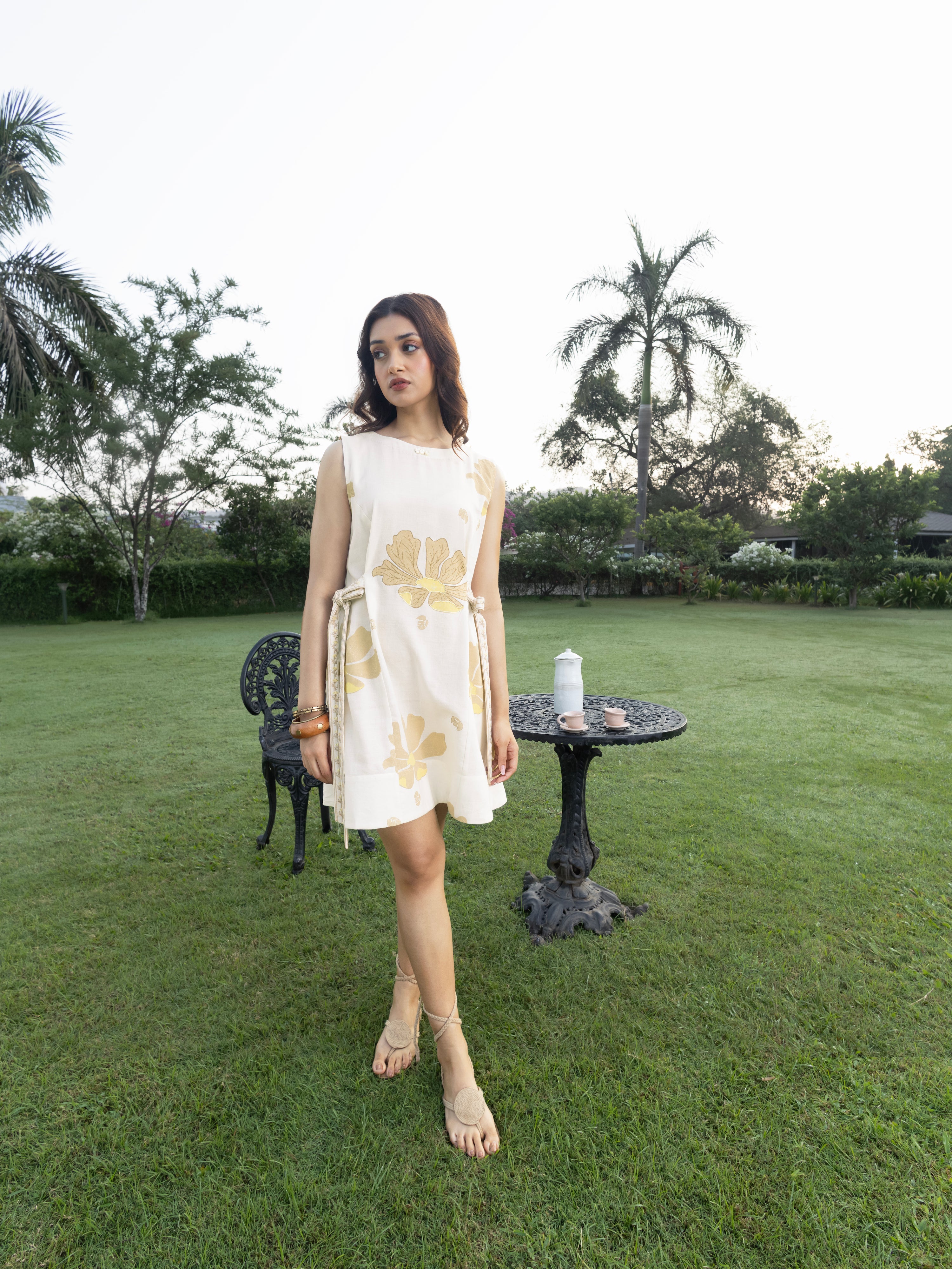 Short Dress with Side Tie-Up & Embroidery by Kamakhyaa India with Cosmos by Akashi Clothing, Internal Tags Missing at Kamakhyaa India for sustainable fashion