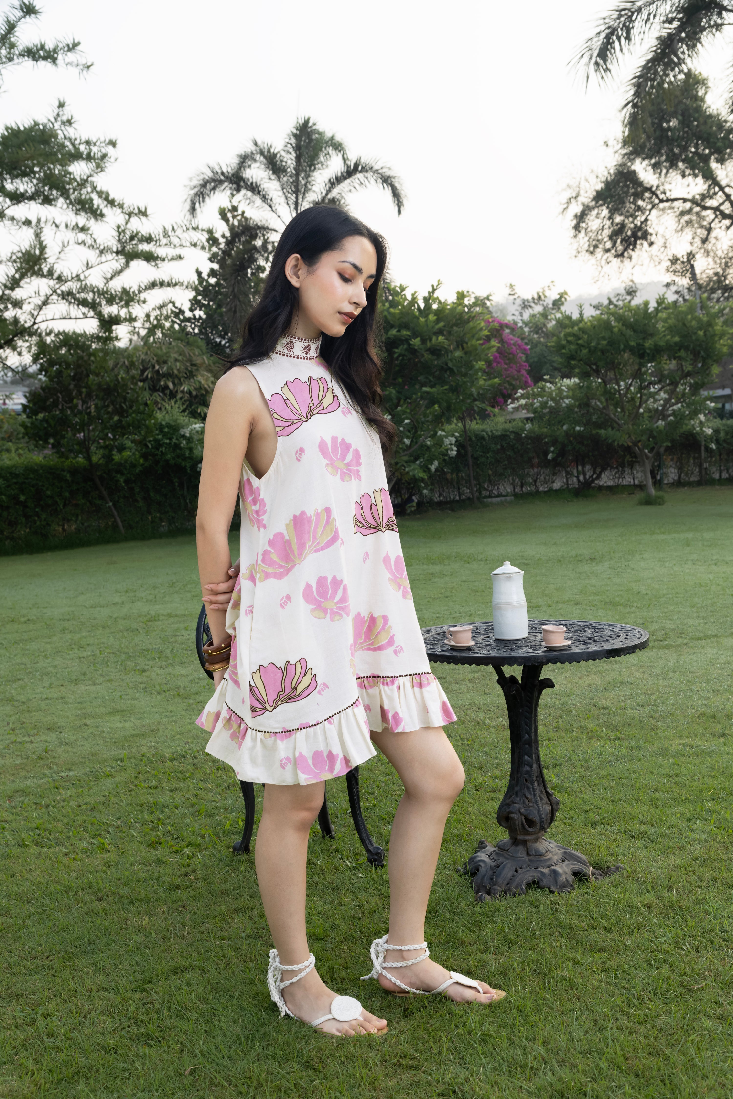 Short Dress with Back Tie-Up by Kamakhyaa India with Cosmos by Akashi Clothing, Internal Tags Missing at Kamakhyaa India for sustainable fashion