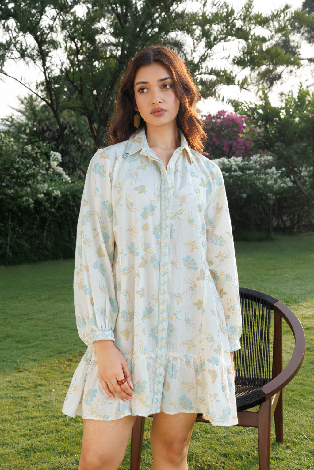 Floral Print Mini Shirt Dress by Kamakhyaa India with Cosmos by Akashi Clothing, Internal Tags Missing at Kamakhyaa India for sustainable fashion