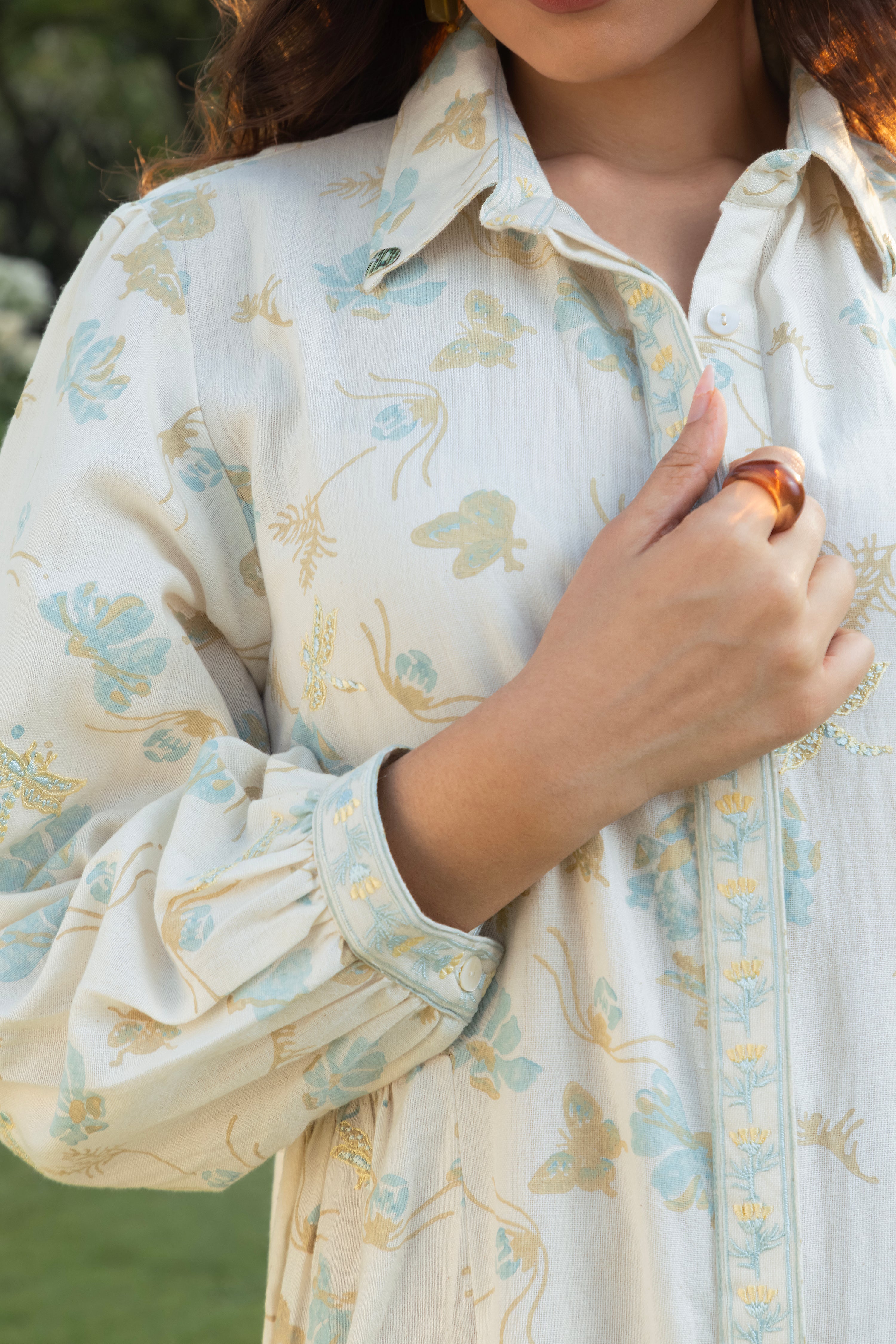 Floral Print Mini Shirt Dress by Kamakhyaa India with Cosmos by Akashi Clothing, Internal Tags Missing at Kamakhyaa India for sustainable fashion