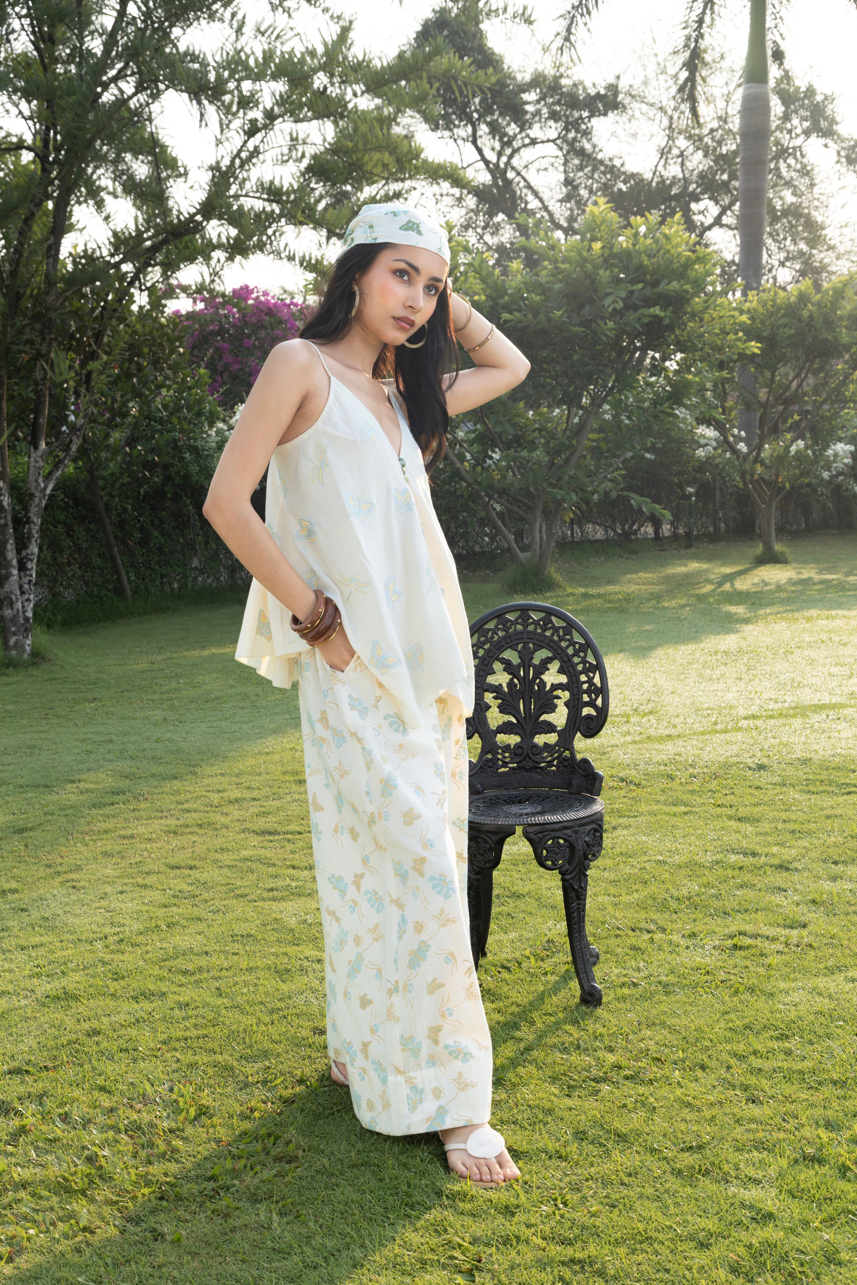 Printed Wide-Leg Pants with Side Elastic Waist by Akashi Clothing with Cosmos by Akashi Clothing, Internal Tags Missing at Kamakhyaa India for sustainable fashion