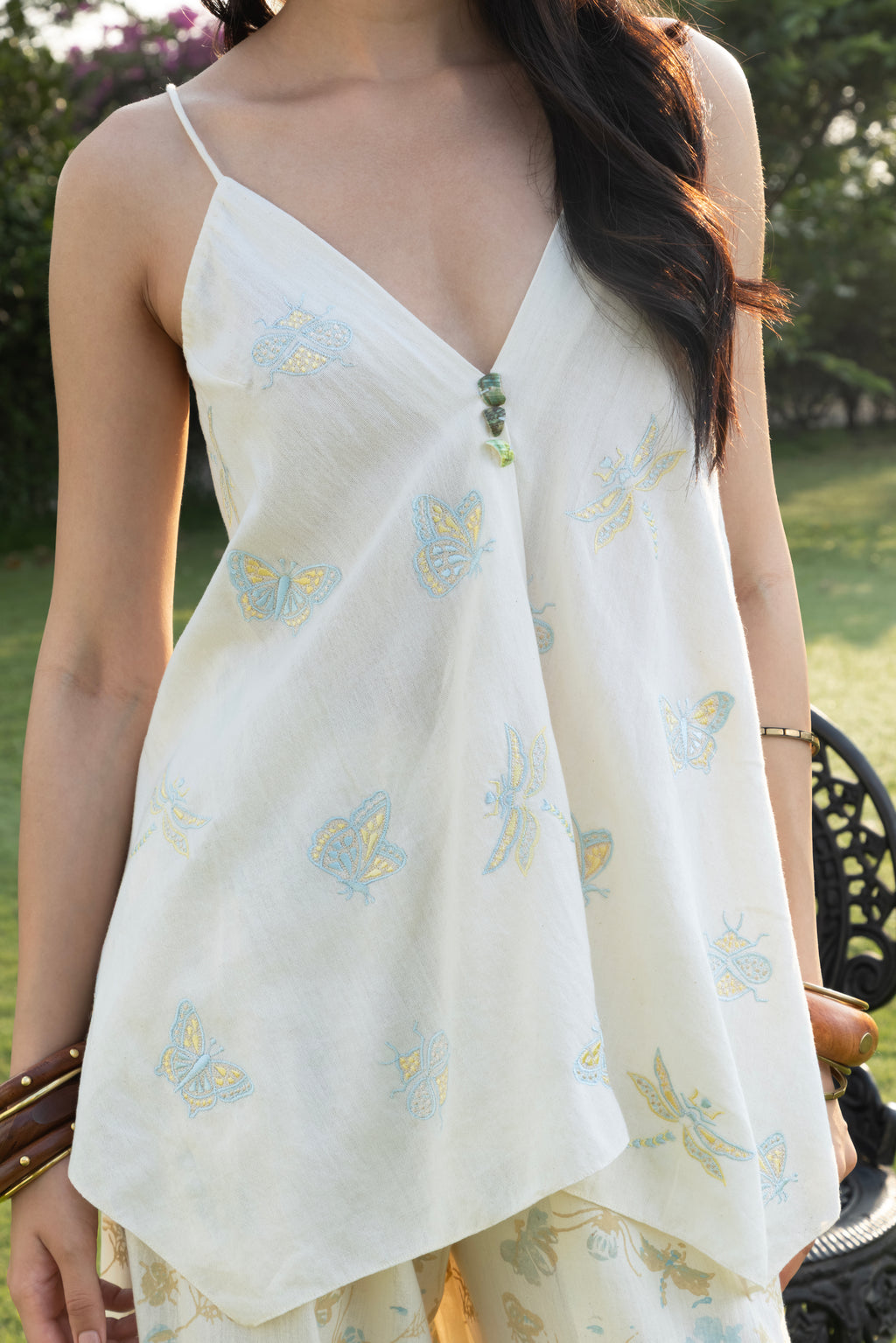 Butterfly Embriodered V-Neck Cami Top with Adjustable Straps by Akashi Clothing with Cosmos by Akashi Clothing, Internal Tags Missing at Kamakhyaa India for sustainable fashion