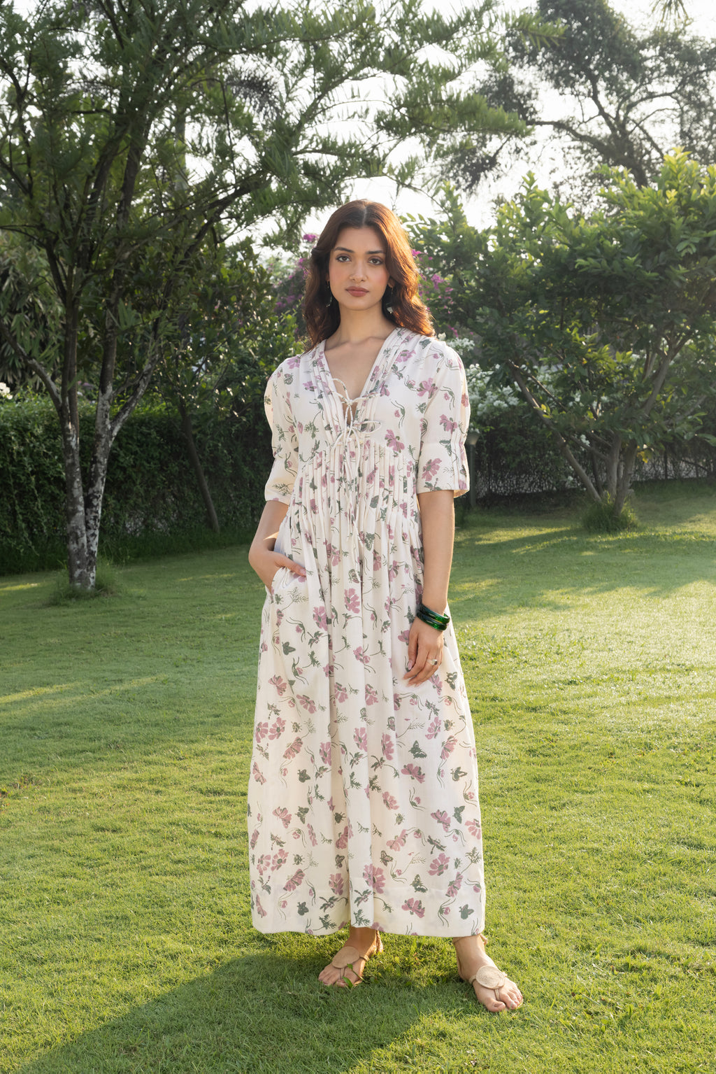 V-Neck Pleated Maxi Dress with Embroidery by Kamakhyaa India with Cosmos by Akashi Clothing, Internal Tags Missing at Kamakhyaa India for sustainable fashion