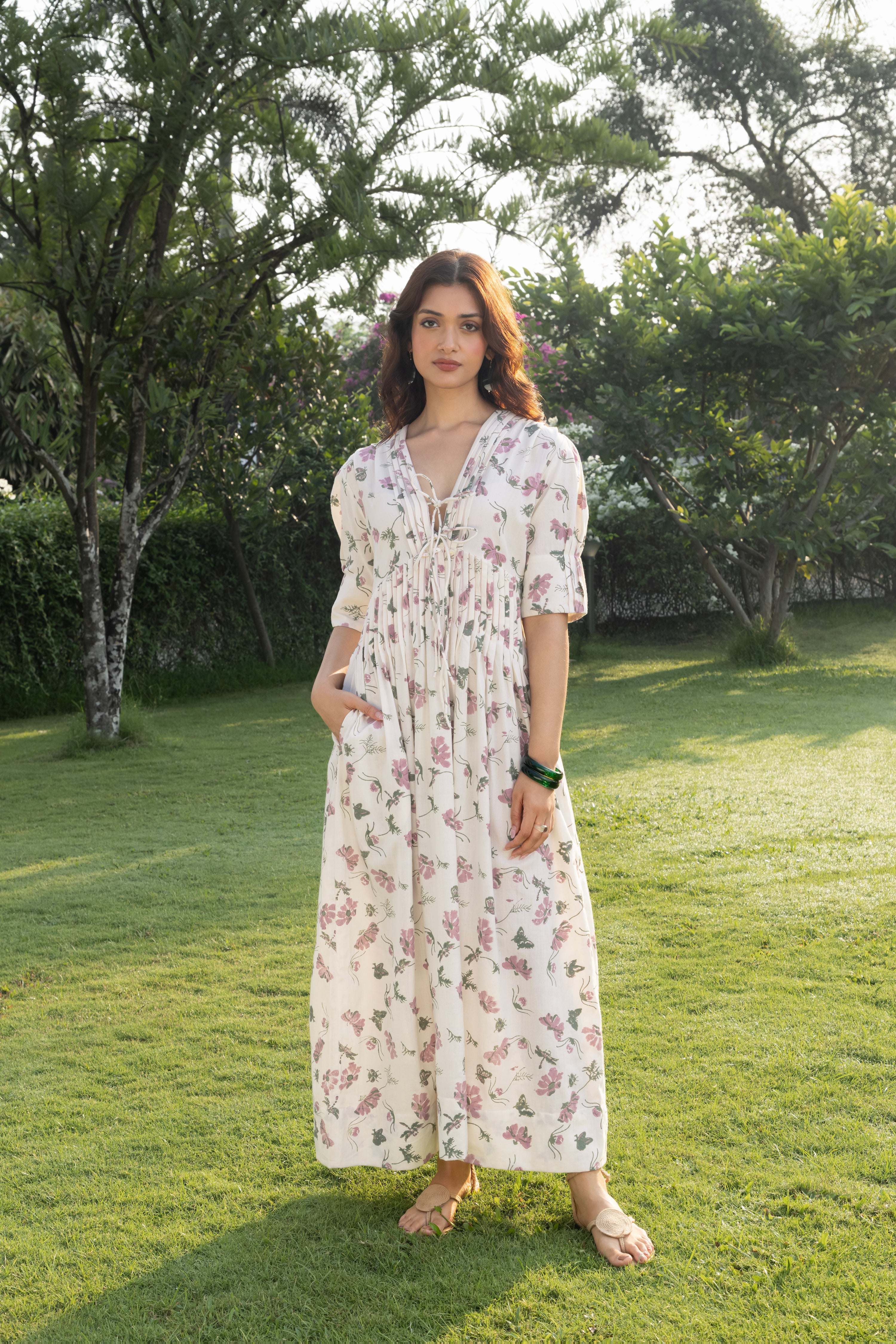 V-Neck Pleated Maxi Dress with Embroidery by Kamakhyaa India with Cosmos by Akashi Clothing, Internal Tags Missing at Kamakhyaa India for sustainable fashion