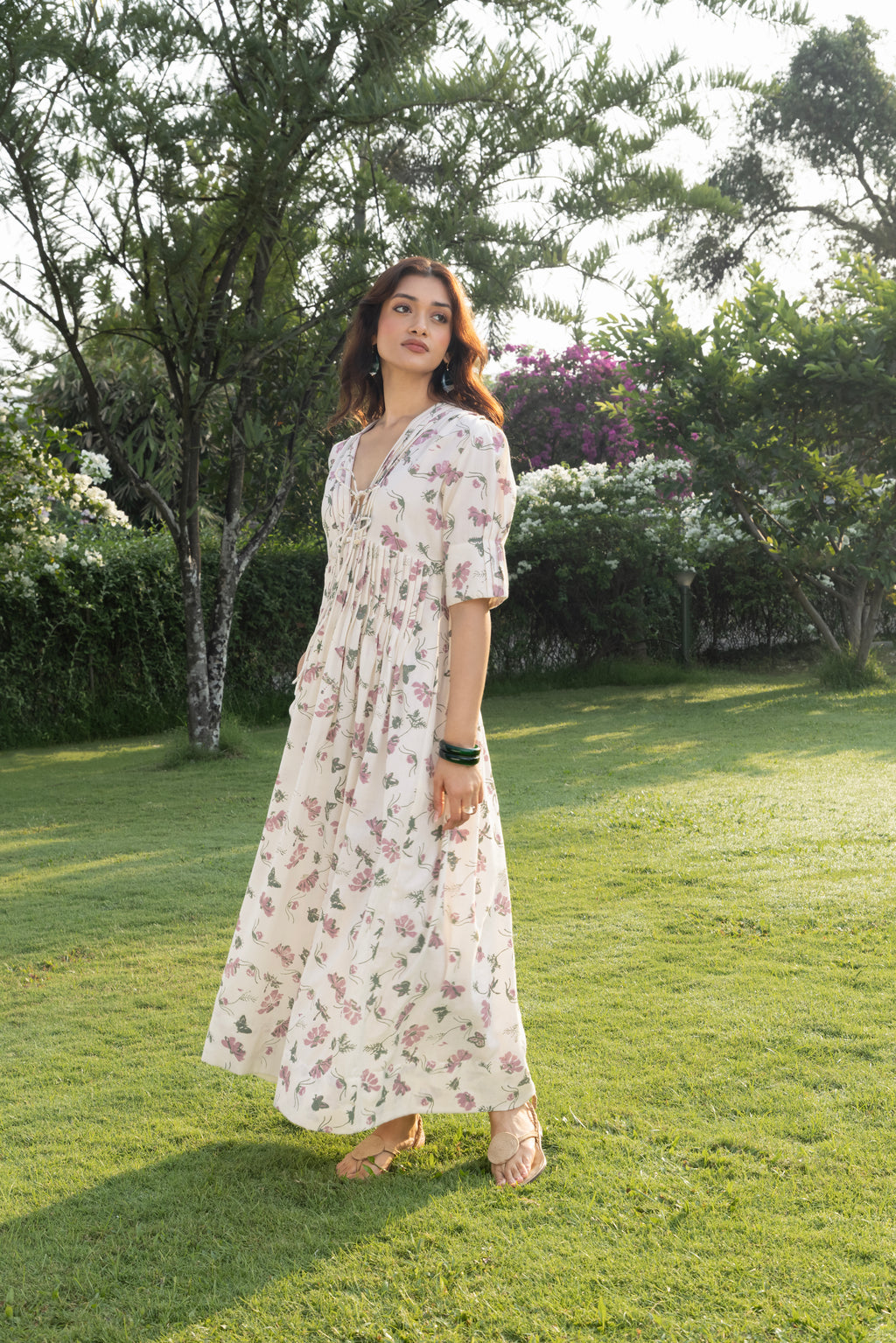V-Neck Pleated Maxi Dress with Embroidery by Kamakhyaa India with Cosmos by Akashi Clothing, Internal Tags Missing at Kamakhyaa India for sustainable fashion