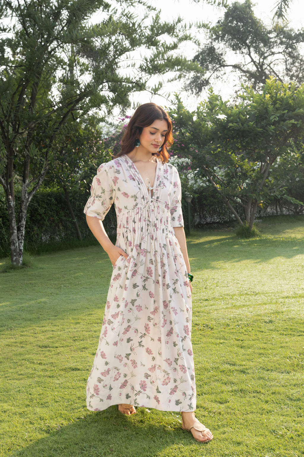 V-Neck Pleated Maxi Dress with Embroidery by Kamakhyaa India with Cosmos by Akashi Clothing, Internal Tags Missing at Kamakhyaa India for sustainable fashion