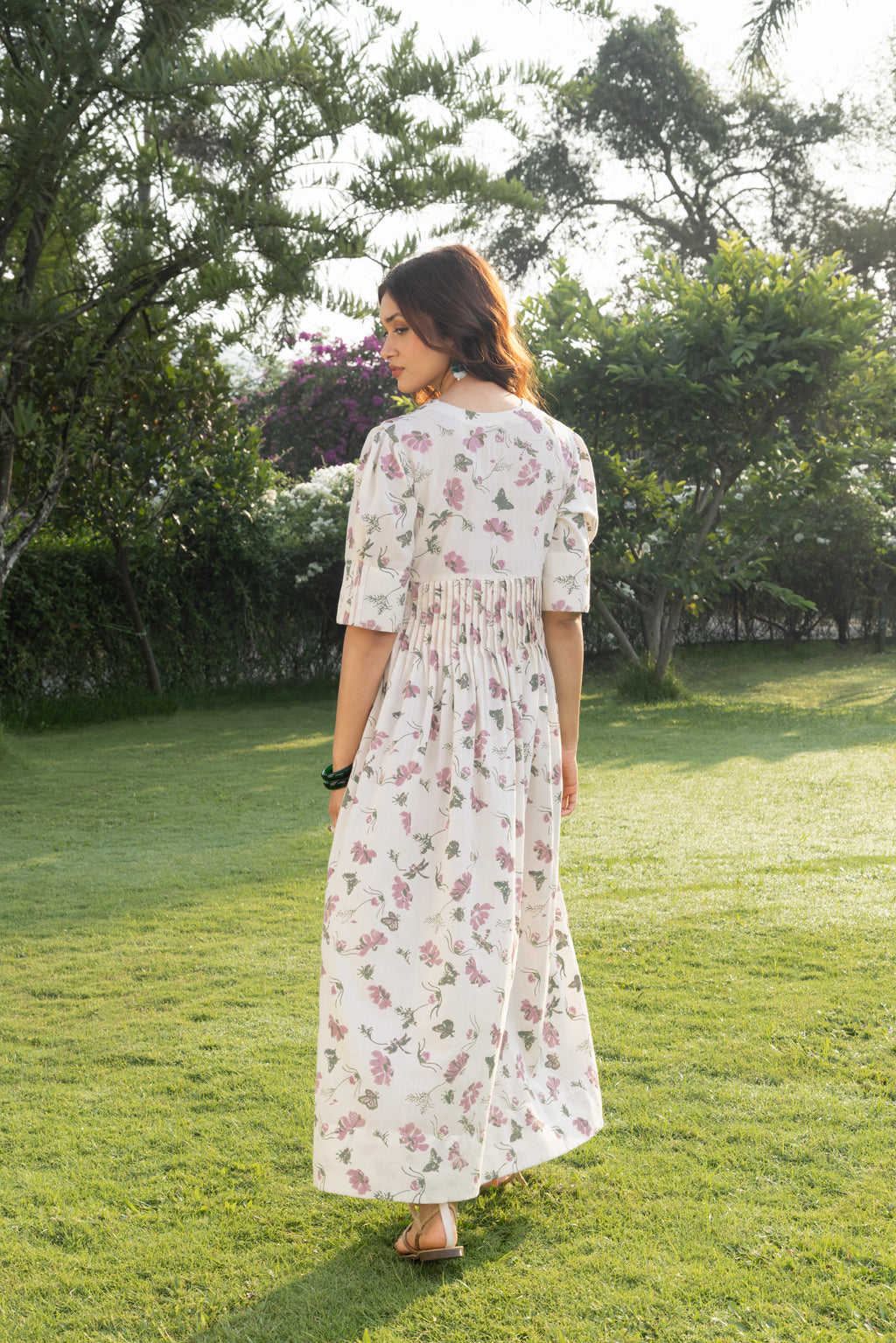 V-Neck Pleated Maxi Dress with Embroidery by Kamakhyaa India with Cosmos by Akashi Clothing, Internal Tags Missing at Kamakhyaa India for sustainable fashion