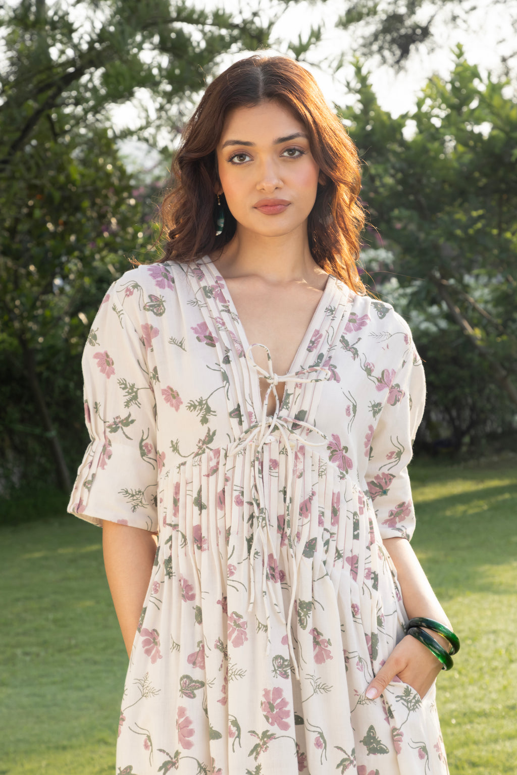 V-Neck Pleated Maxi Dress with Embroidery by Kamakhyaa India with Cosmos by Akashi Clothing, Internal Tags Missing at Kamakhyaa India for sustainable fashion