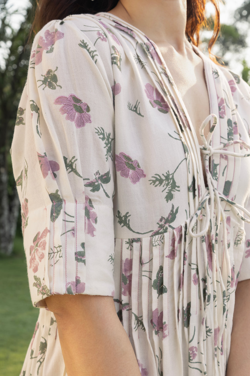 V-Neck Pleated Maxi Dress with Embroidery by Kamakhyaa India with Cosmos by Akashi Clothing, Internal Tags Missing at Kamakhyaa India for sustainable fashion