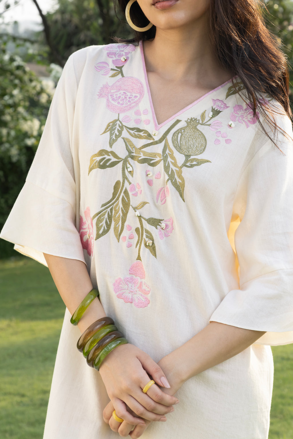 Pink Pomegranate Embroidered Short Kaftan Dress by Kamakhyaa India with Cosmos by Akashi Clothing, Internal Tags Missing at Kamakhyaa India for sustainable fashion