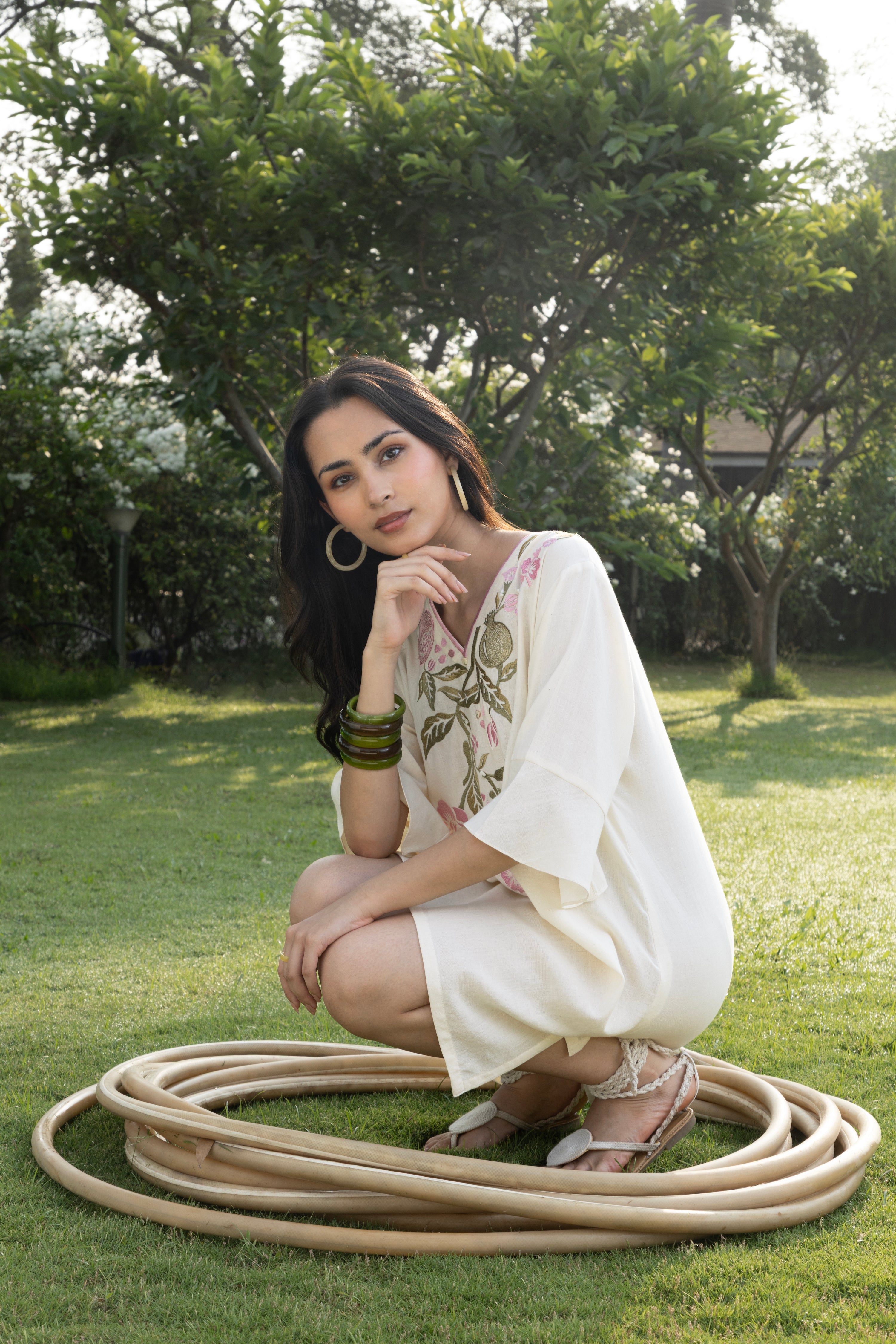 Pink Pomegranate Embroidered Short Kaftan Dress by Kamakhyaa India with Cosmos by Akashi Clothing, Internal Tags Missing at Kamakhyaa India for sustainable fashion
