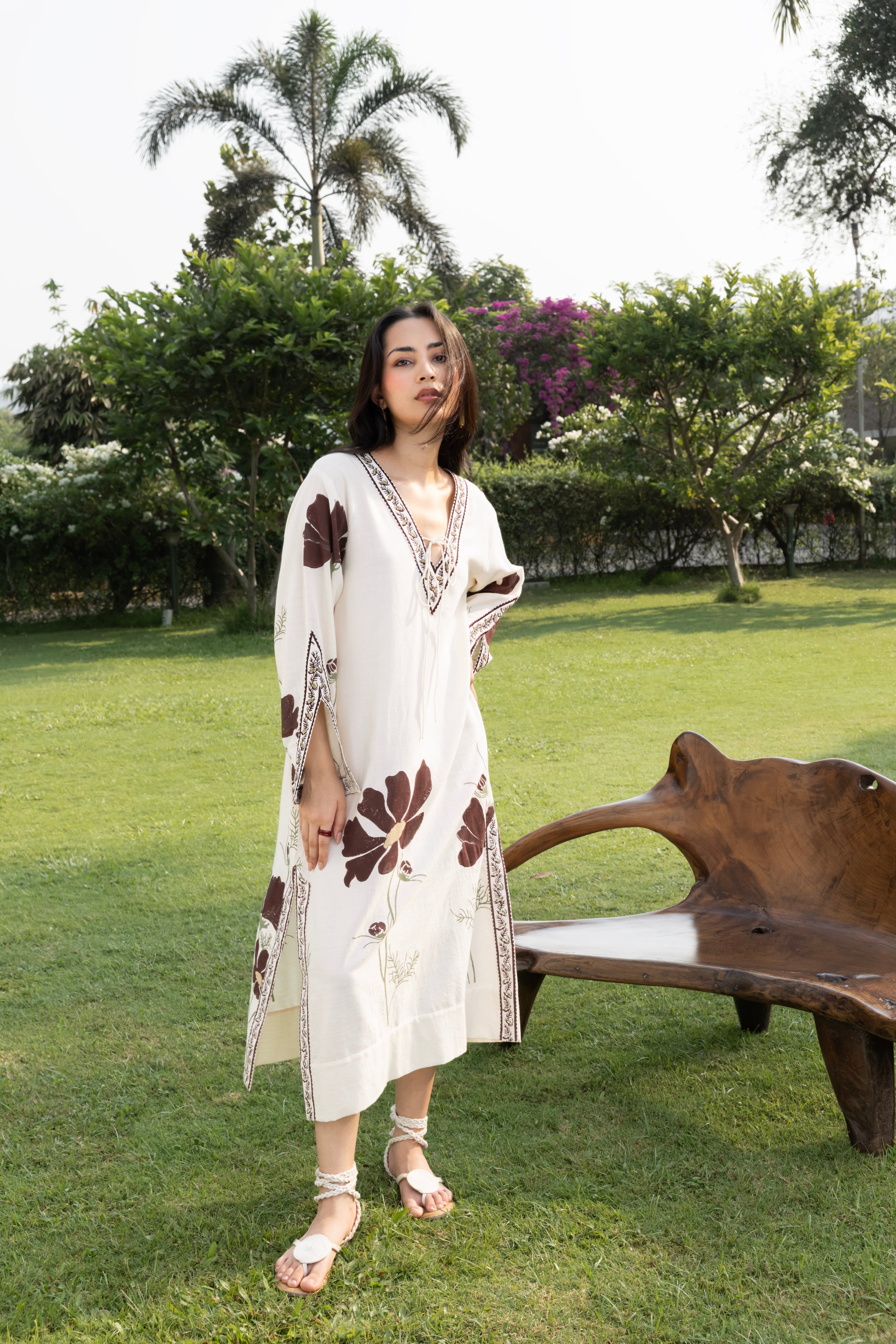 Floral Kaftan with Embroidered Detailing by Kamakhyaa India with Cosmos by Akashi Clothing, Internal Tags Missing at Kamakhyaa India for sustainable fashion