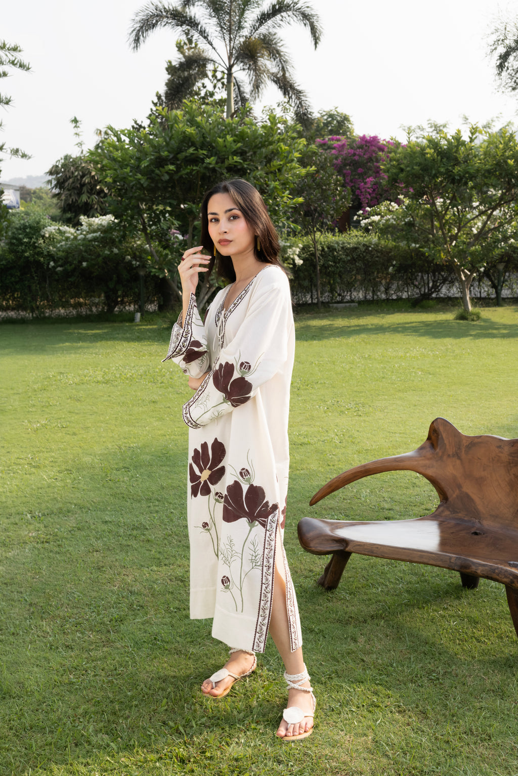 Floral Kaftan with Embroidered Detailing by Kamakhyaa India with Cosmos by Akashi Clothing, Internal Tags Missing at Kamakhyaa India for sustainable fashion