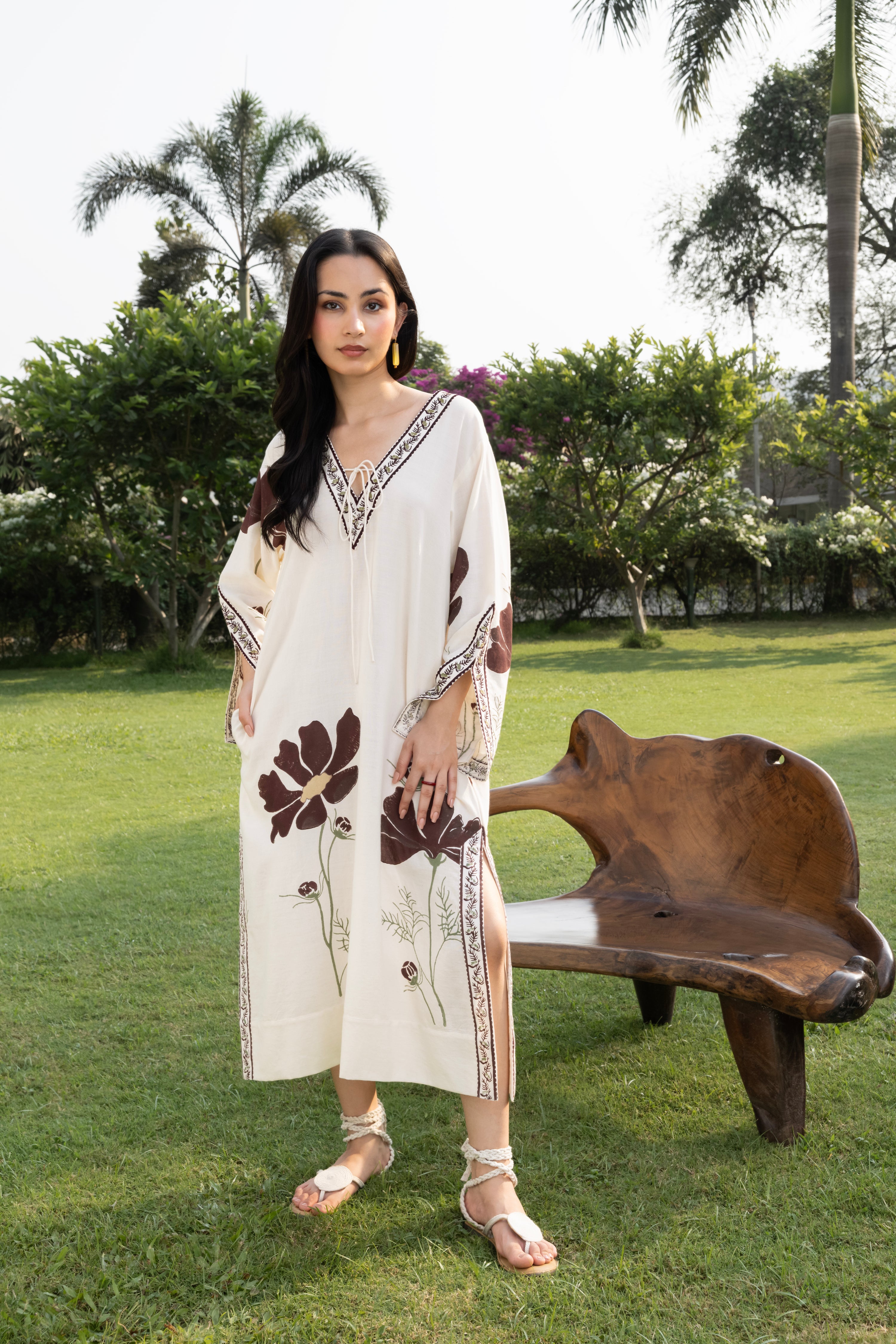 Floral Kaftan with Embroidered Detailing by Kamakhyaa India with Cosmos by Akashi Clothing, Internal Tags Missing at Kamakhyaa India for sustainable fashion