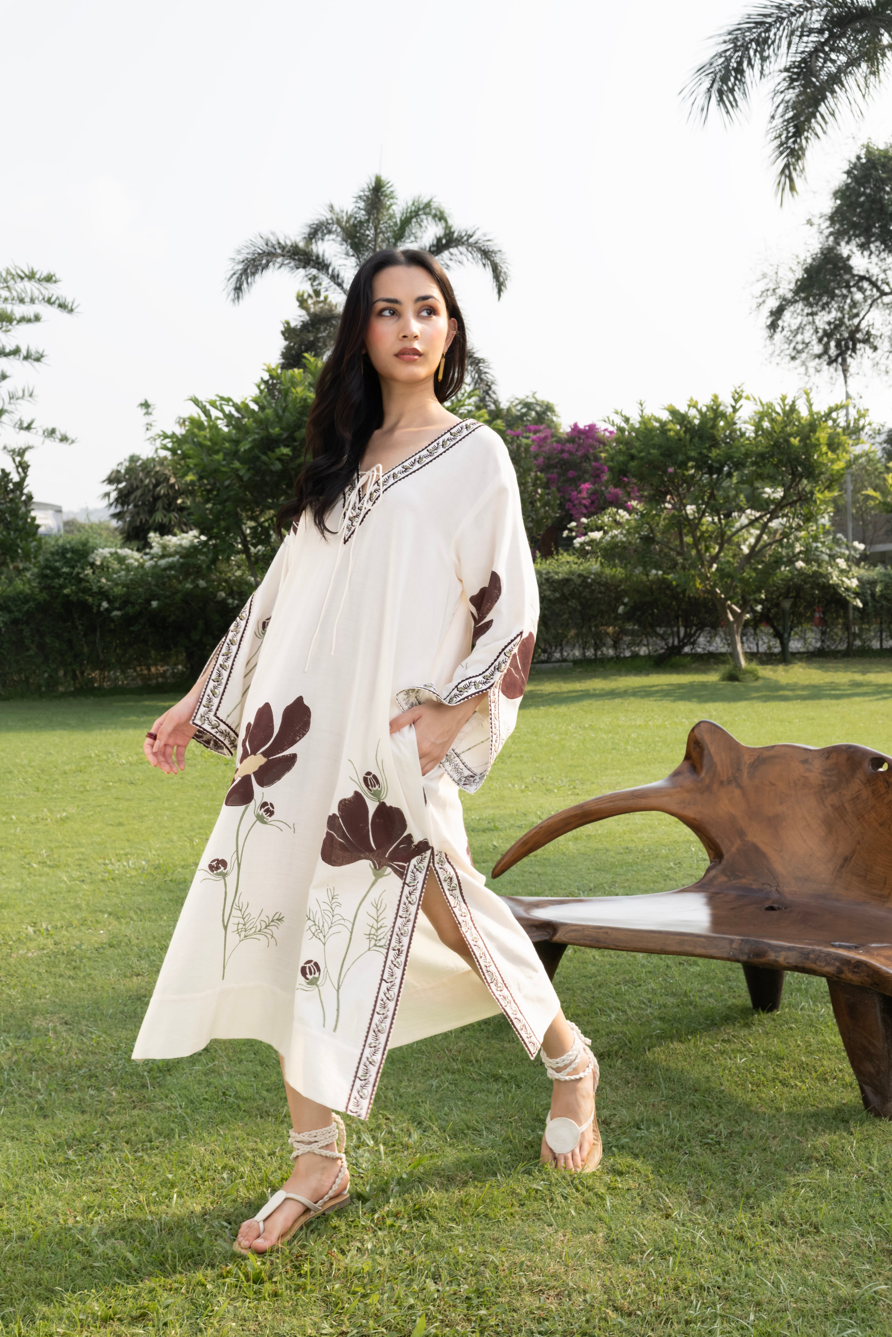 Floral Kaftan with Embroidered Detailing by Kamakhyaa India with Cosmos by Akashi Clothing, Internal Tags Missing at Kamakhyaa India for sustainable fashion