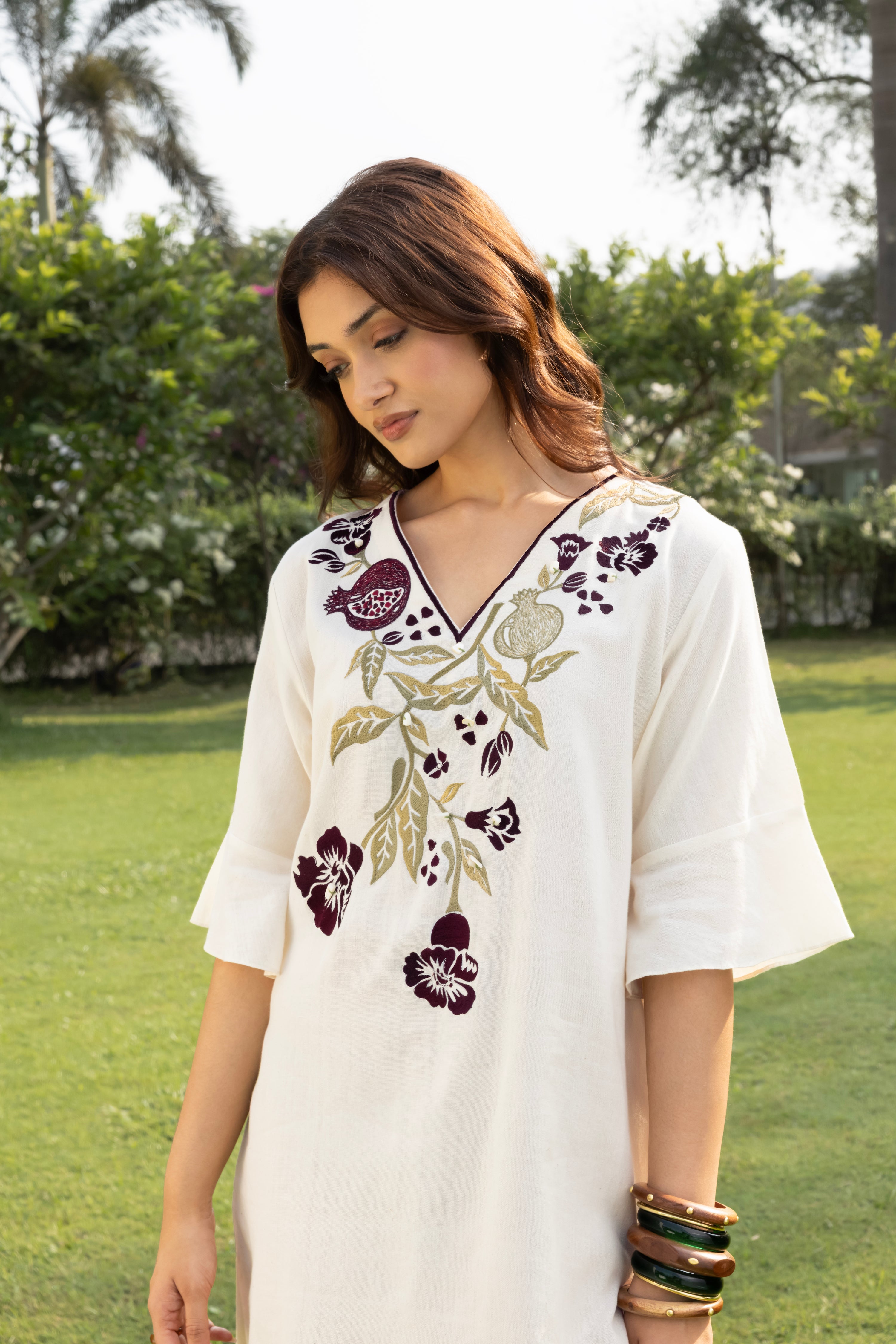 Burgundy Pomegranate Embroidered Short Kaftan Dress by Kamakhyaa India with Cosmos by Akashi Clothing, Internal Tags Missing at Kamakhyaa India for sustainable fashion