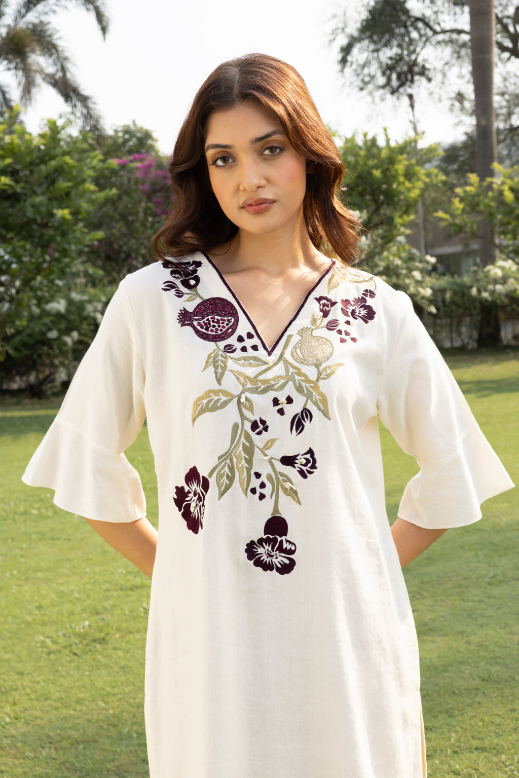 Burgundy Pomegranate Embroidered Short Kaftan Dress by Kamakhyaa India with Cosmos by Akashi Clothing, Internal Tags Missing at Kamakhyaa India for sustainable fashion