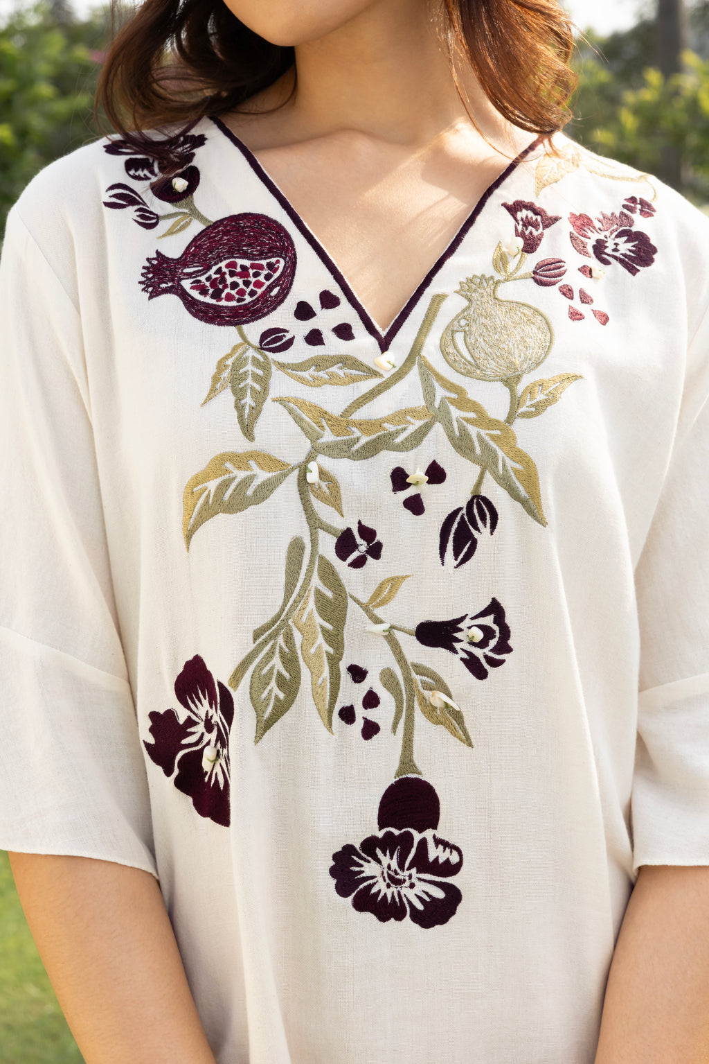 Burgundy Pomegranate Embroidered Short Kaftan Dress by Kamakhyaa India with Cosmos by Akashi Clothing, Internal Tags Missing at Kamakhyaa India for sustainable fashion