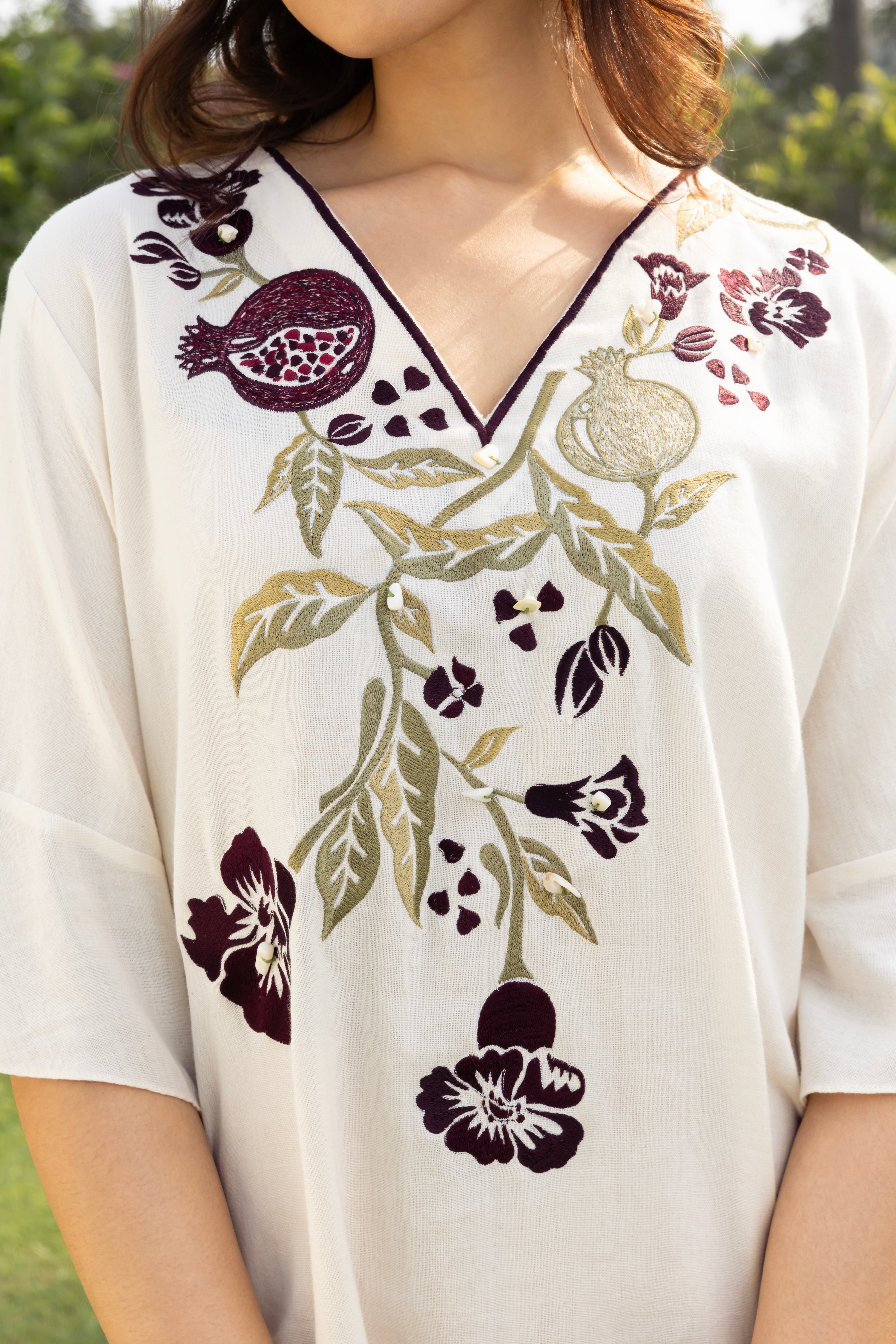 Burgundy Pomegranate Embroidered Short Kaftan Dress by Kamakhyaa India with Cosmos by Akashi Clothing, Internal Tags Missing at Kamakhyaa India for sustainable fashion