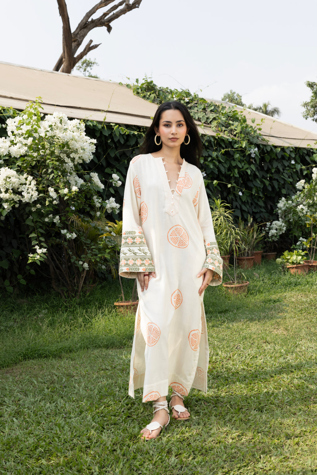 Kaftan with Front Tie-Up & Embroidered Sleeves by Kamakhyaa India with Cosmos by Akashi Clothing, Internal Tags Missing at Kamakhyaa India for sustainable fashion