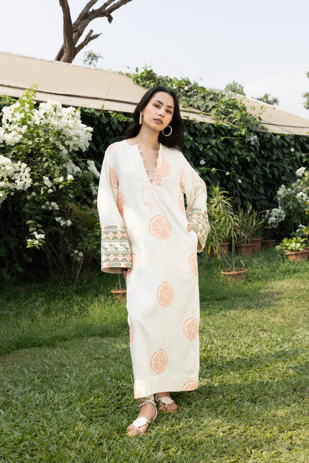 Kaftan with Front Tie-Up & Embroidered Sleeves by Kamakhyaa India with Cosmos by Akashi Clothing, Internal Tags Missing at Kamakhyaa India for sustainable fashion