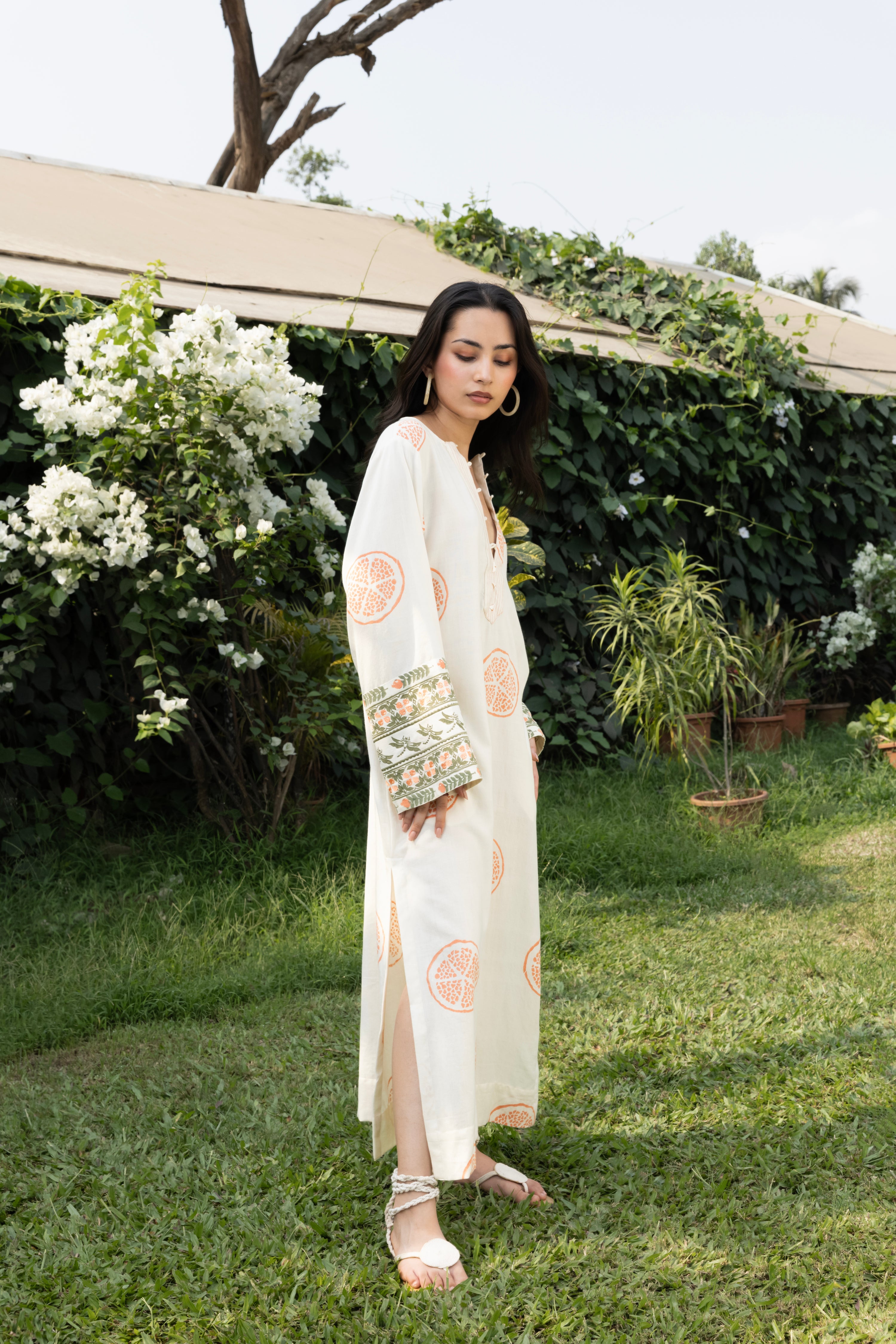 Kaftan with Front Tie-Up & Embroidered Sleeves by Kamakhyaa India with Cosmos by Akashi Clothing, Internal Tags Missing at Kamakhyaa India for sustainable fashion