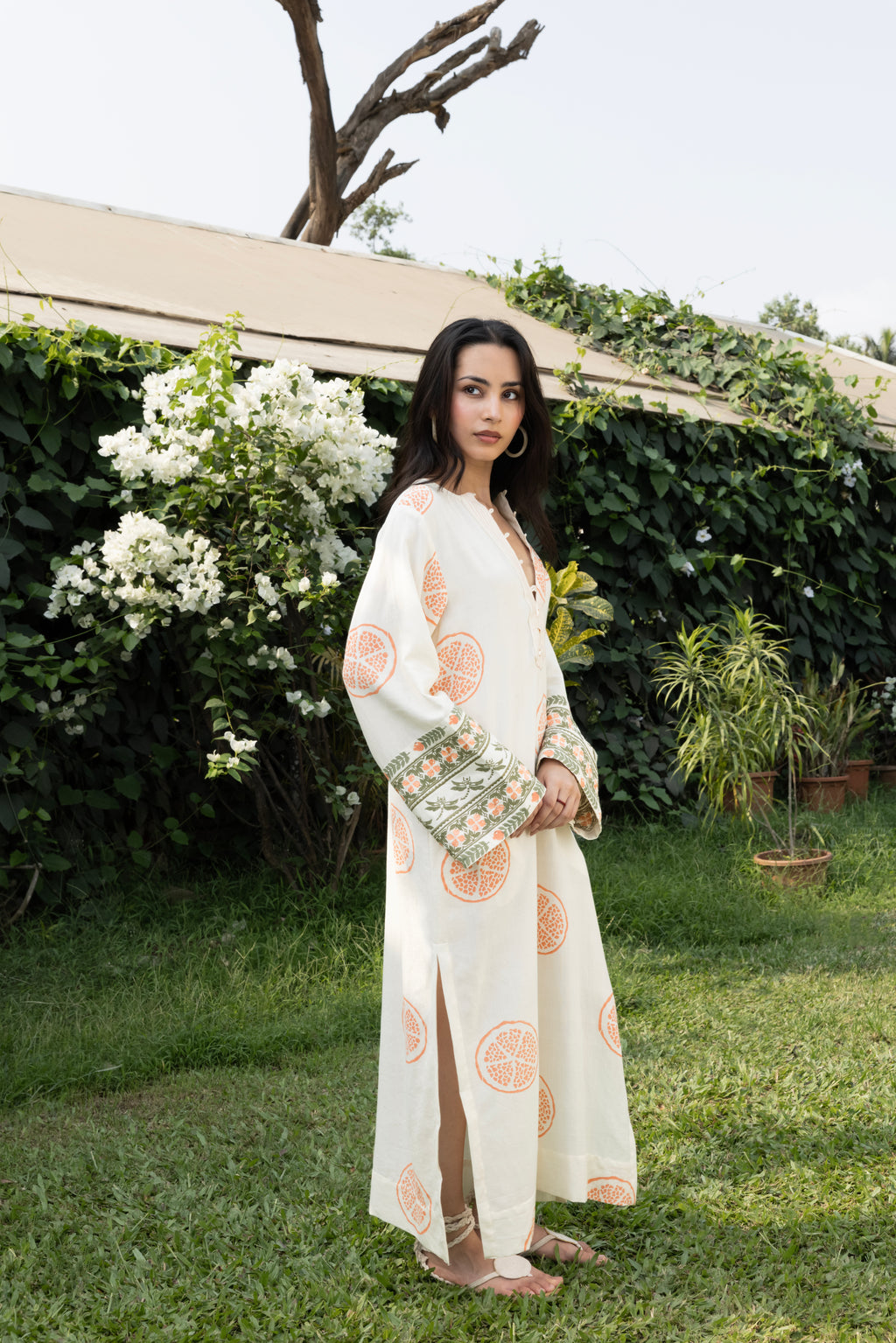 Kaftan with Front Tie-Up & Embroidered Sleeves by Kamakhyaa India with Cosmos by Akashi Clothing, Internal Tags Missing at Kamakhyaa India for sustainable fashion