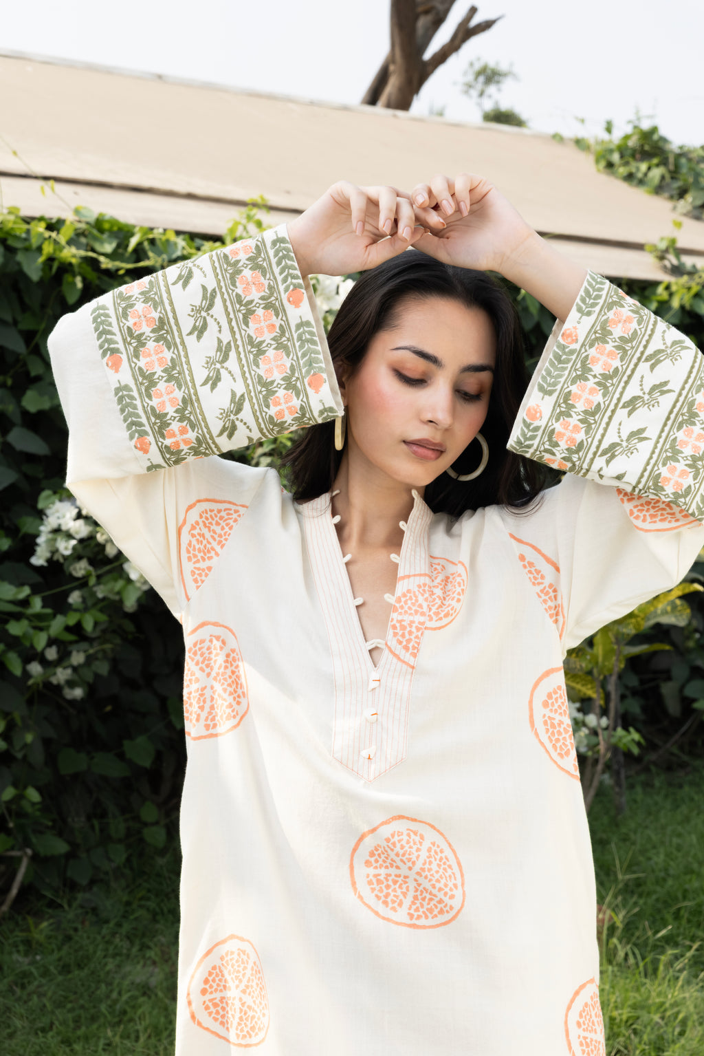 Kaftan with Front Tie-Up & Embroidered Sleeves by Kamakhyaa India with Cosmos by Akashi Clothing, Internal Tags Missing at Kamakhyaa India for sustainable fashion