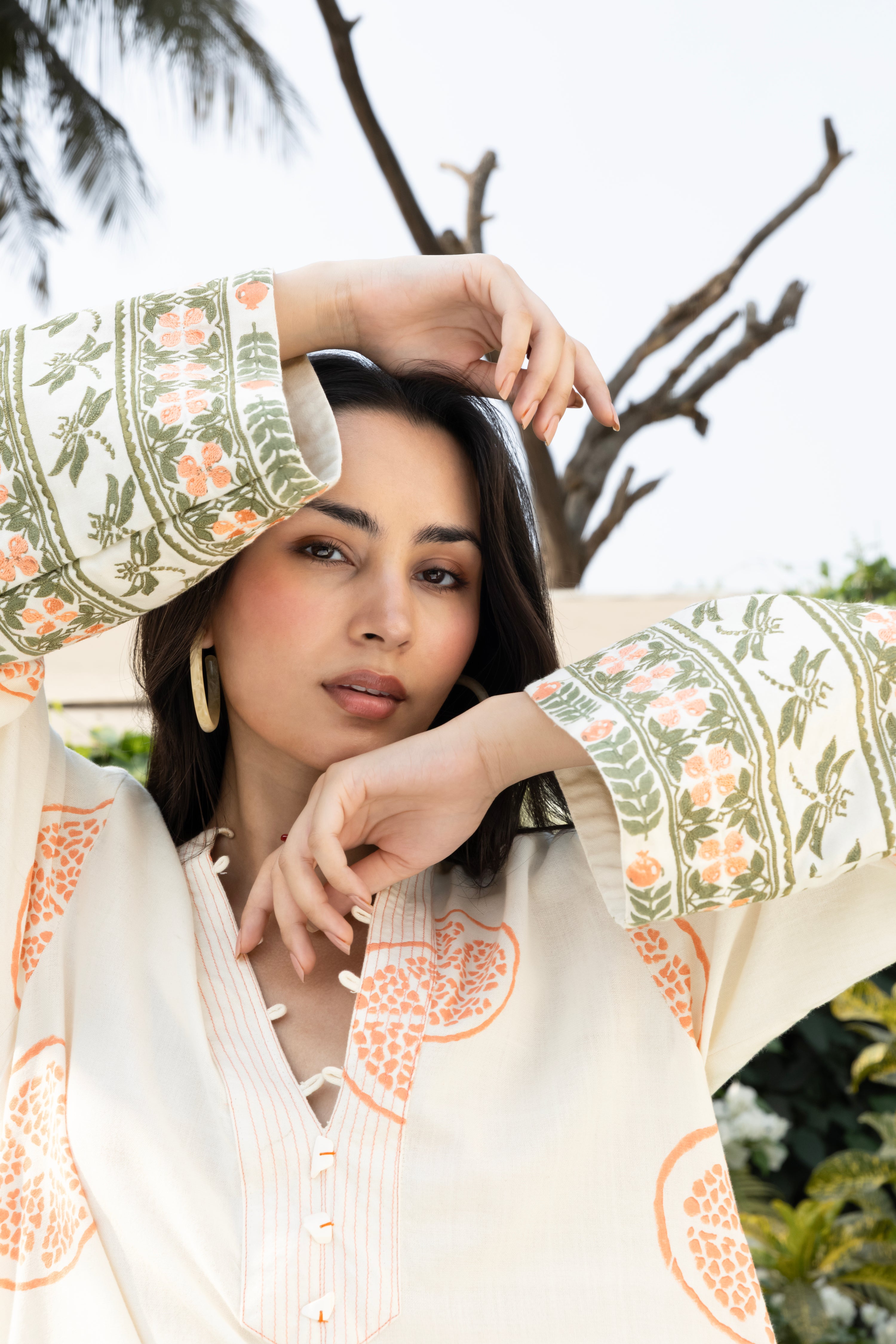 Kaftan with Front Tie-Up & Embroidered Sleeves by Kamakhyaa India with Cosmos by Akashi Clothing, Internal Tags Missing at Kamakhyaa India for sustainable fashion