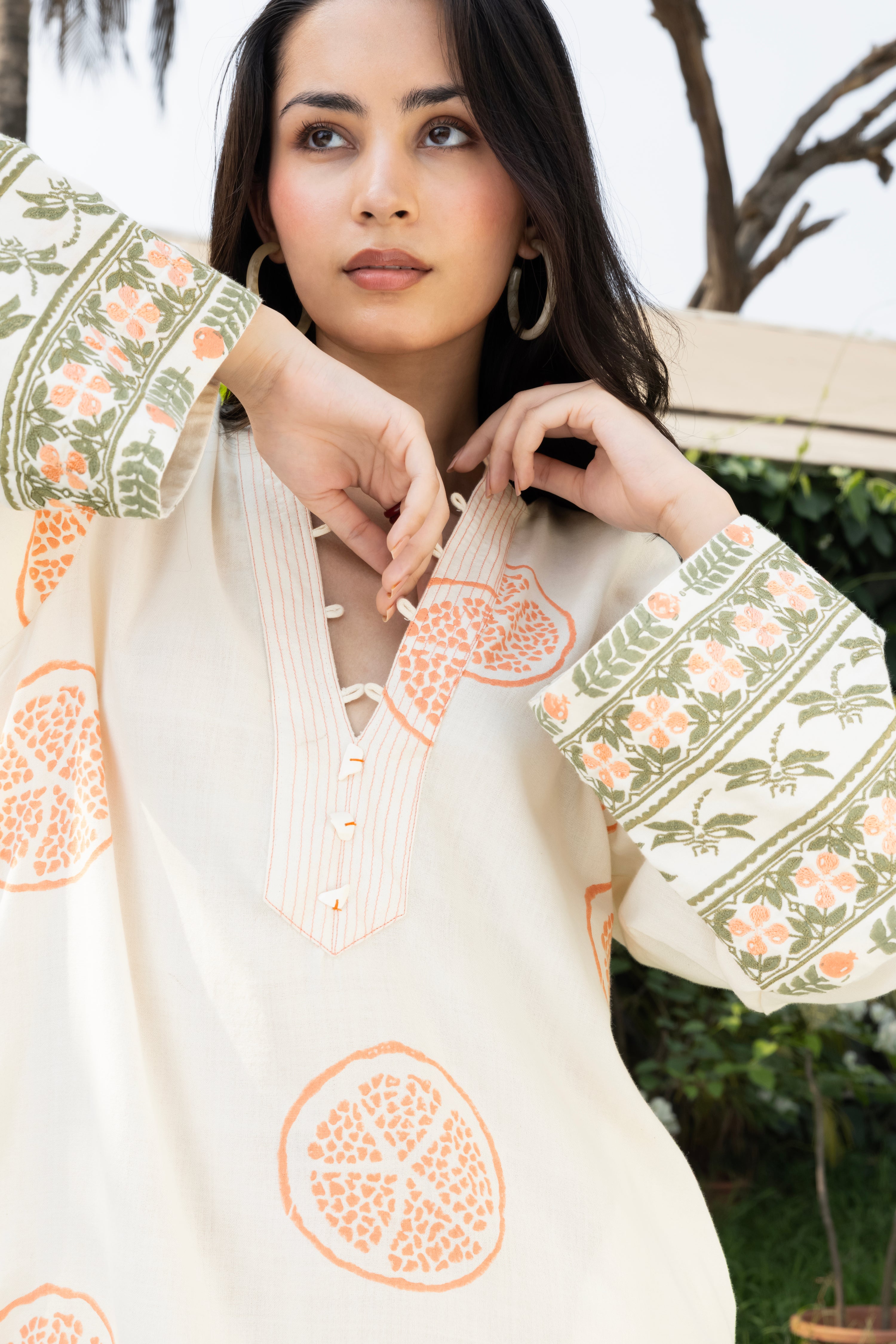 Kaftan with Front Tie-Up & Embroidered Sleeves by Kamakhyaa India with Cosmos by Akashi Clothing, Internal Tags Missing at Kamakhyaa India for sustainable fashion