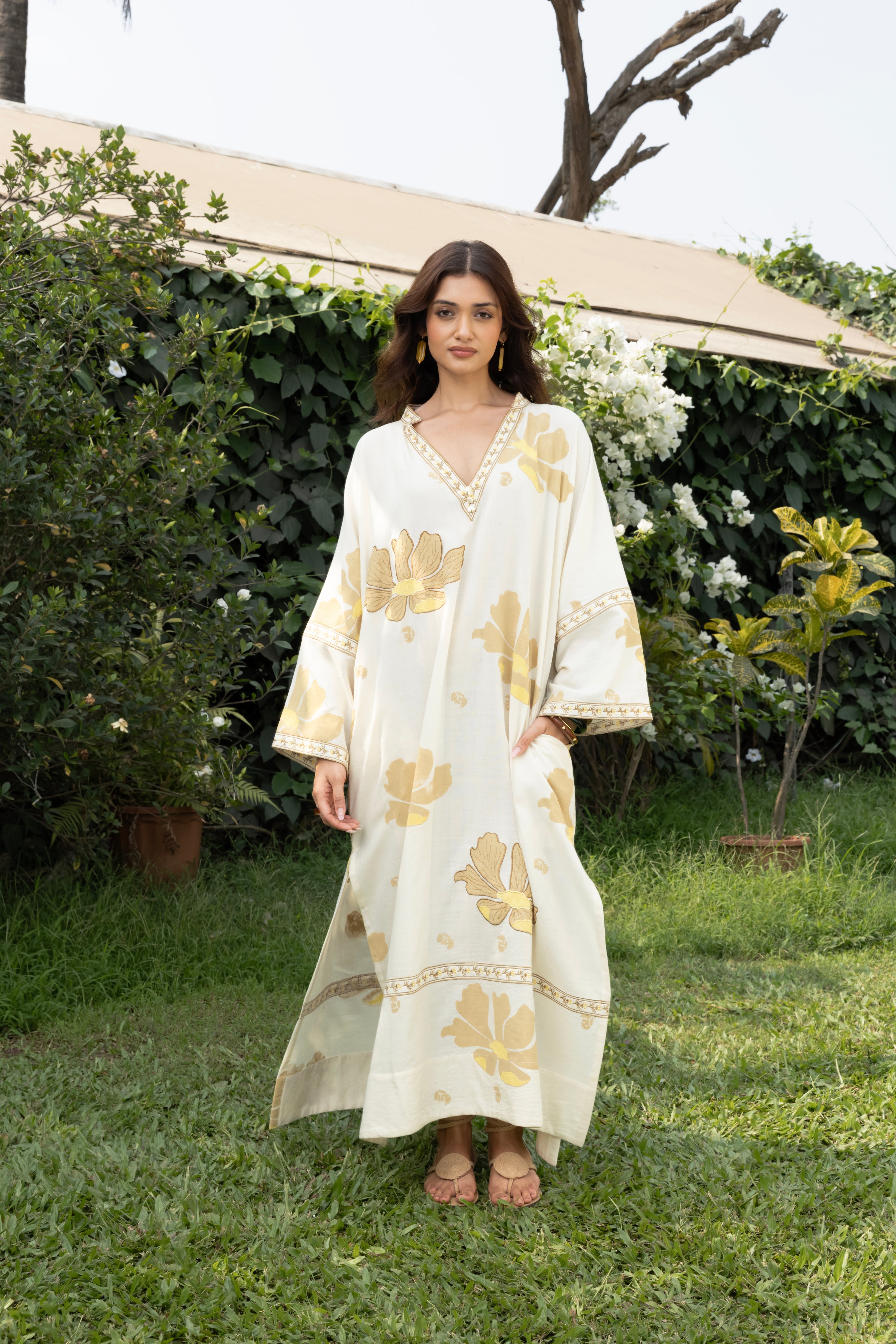 Oversized V-Neck Kaftan with Border Detail by Kamakhyaa India with Cosmos by Akashi Clothing, Internal Tags Missing at Kamakhyaa India for sustainable fashion