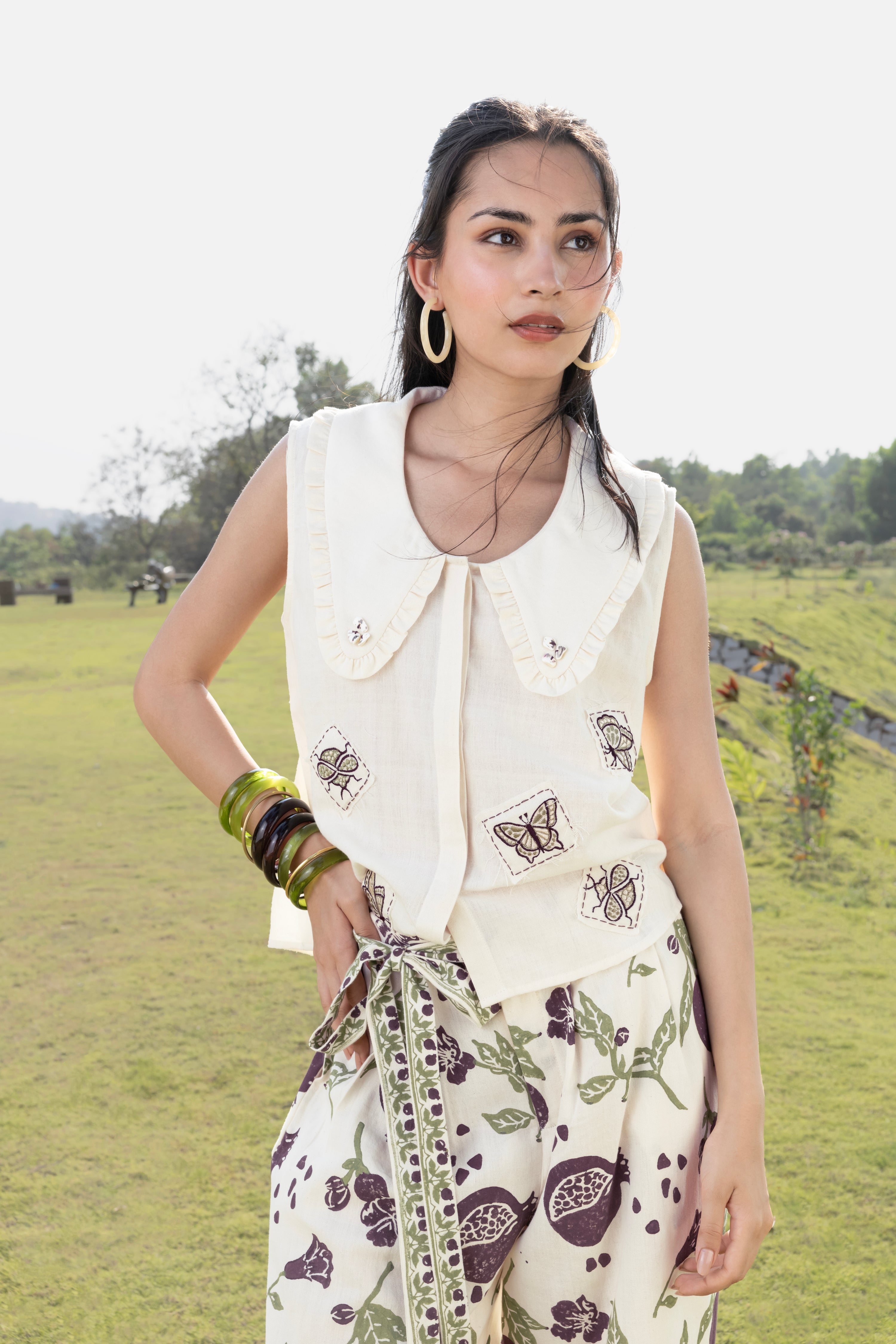 Patchwork Embroidered Top with Peter Pan Collar by Akashi Clothing with Cosmos by Akashi Clothing, Internal Tags Missing at Kamakhyaa India for sustainable fashion
