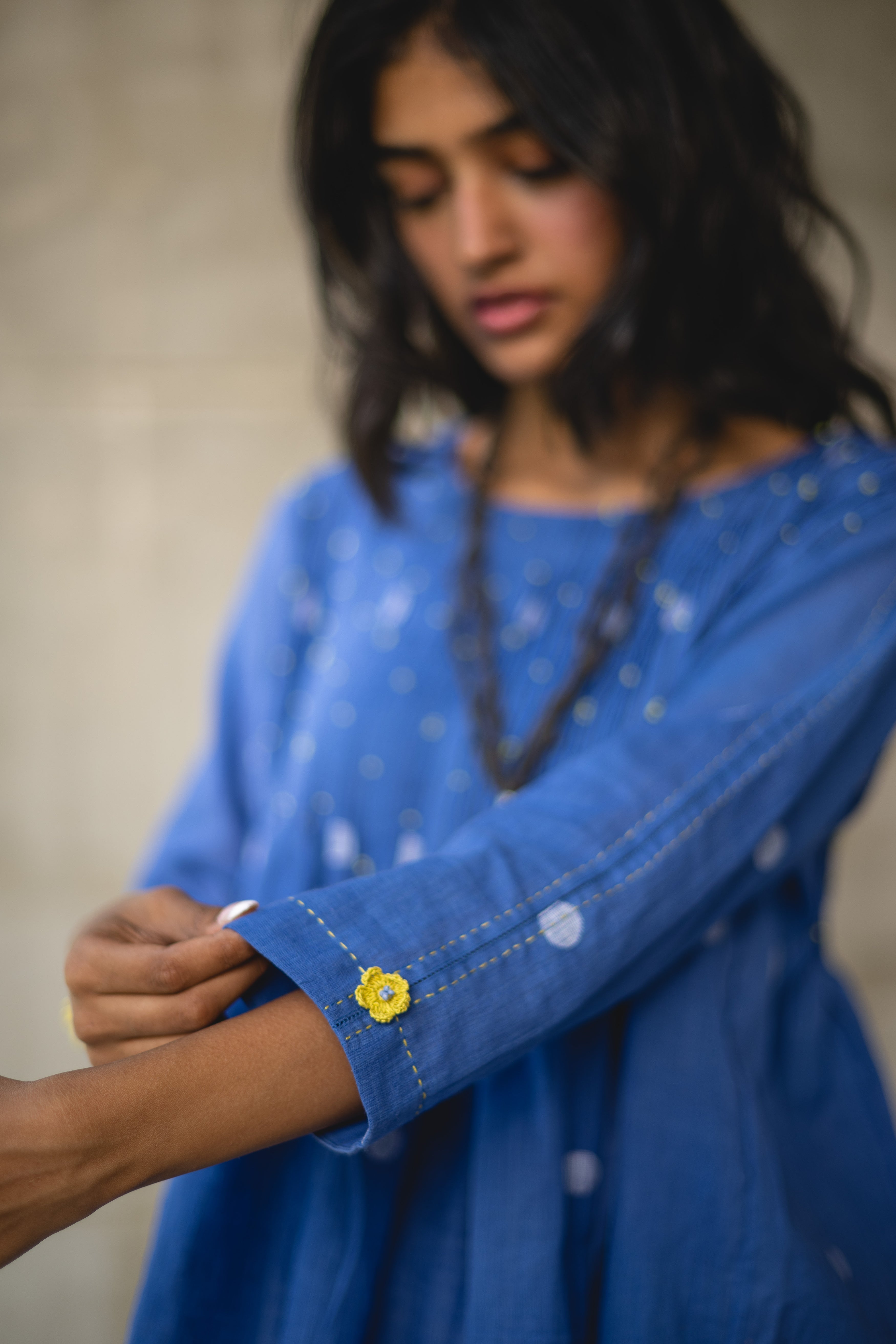 Blue Gathered Pin Tuck Top by Araayeh with Artisan Made, Blue, Casual Wear, Handwoven Cotton Jamdani, Polka Dots, Relaxed Fit, Tunic Tops at Kamakhyaa for sustainable fashion