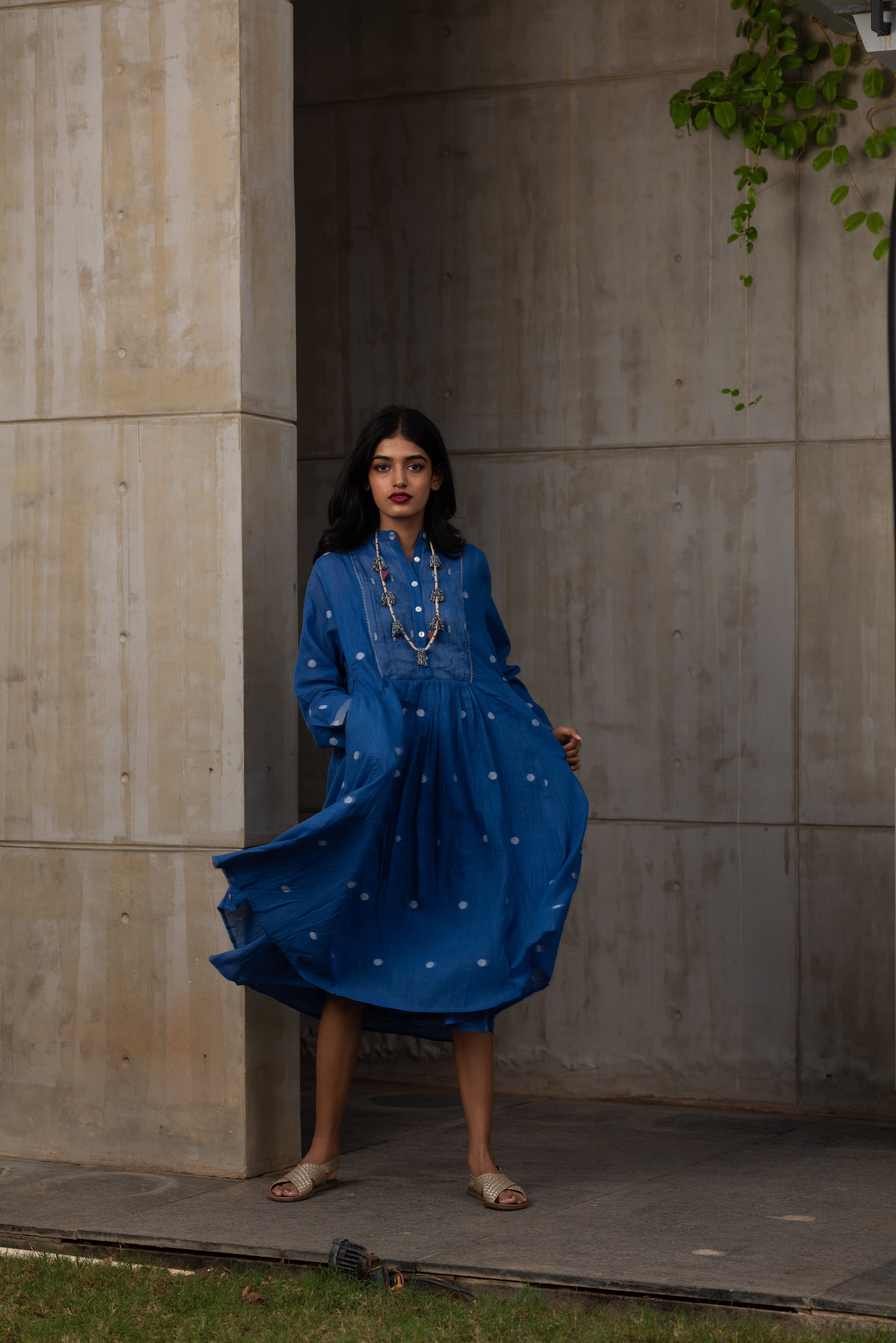 Blue Gathered Midi Dress with Polka Dots by Araayeh with Artisan Made, Blue, Handwoven Cotton, Midi Dresses, Office Wear, Polka Dots, Regular Fit at Kamakhyaa for sustainable fashion