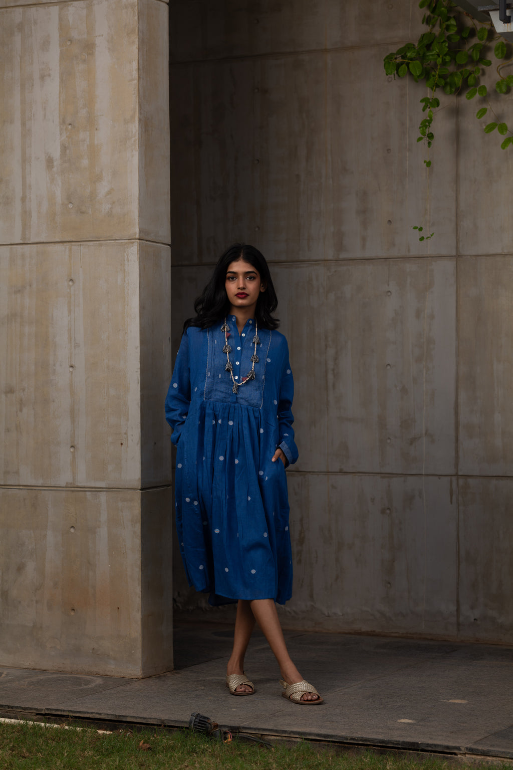 Blue Gathered Midi Dress with Polka Dots by Araayeh with Artisan Made, Blue, Handwoven Cotton, Midi Dresses, Office Wear, Polka Dots, Regular Fit at Kamakhyaa for sustainable fashion
