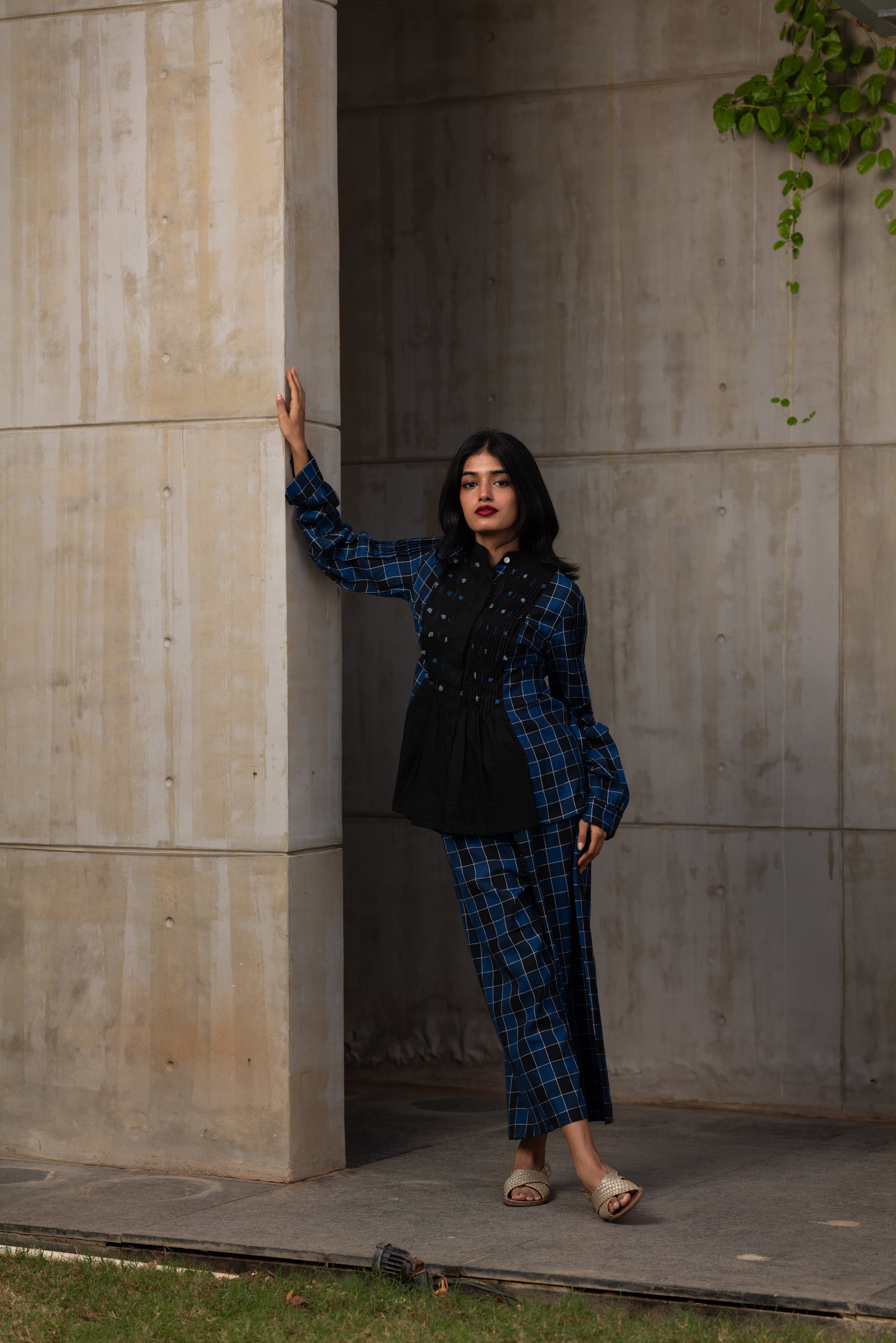Blue Plaided Office Wear Co-ord Set by Araayeh with Artisan Made, Blue, Checks, Handwoven Cotton, Office wear, Office Wear Co-ords, Regular Fit at Kamakhyaa for sustainable fashion