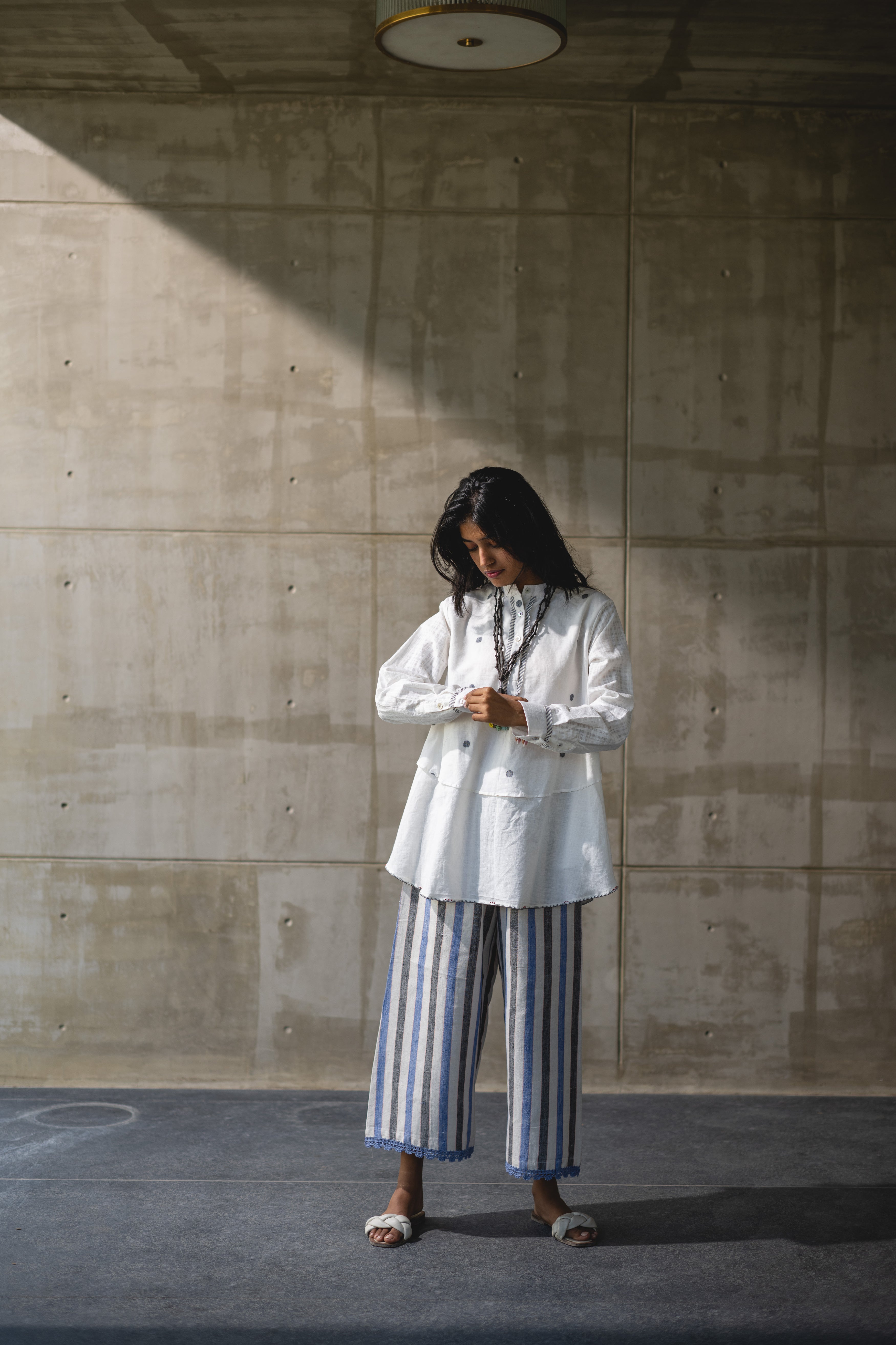 White Work Wear Handwoven Tunic Top by Araayeh with Artisan Made, Handwoven Cotton Material, Office Wear, Polka Dots, Relaxed Fit, Tunic Tops, White at Kamakhyaa for sustainable fashion