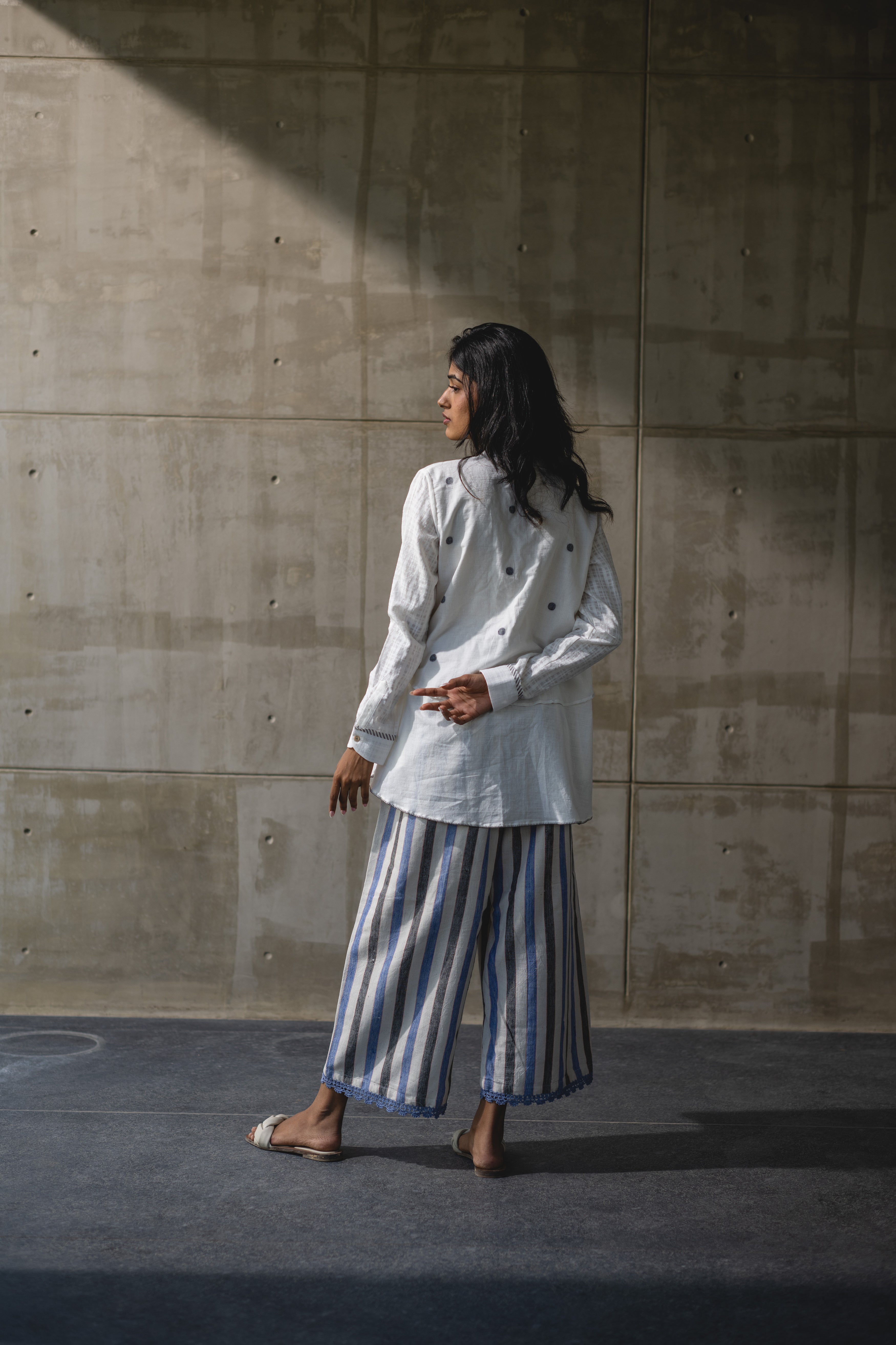 White Work Wear Handwoven Tunic Top by Araayeh with Artisan Made, Handwoven Cotton Material, Office Wear, Polka Dots, Relaxed Fit, Tunic Tops, White at Kamakhyaa for sustainable fashion