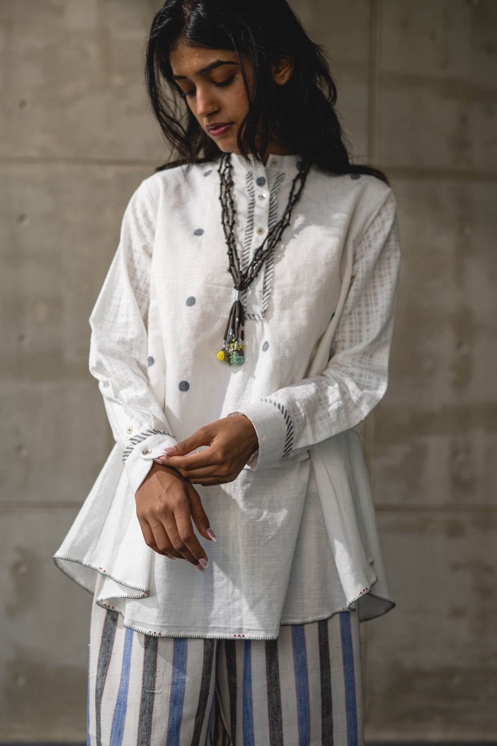 White Work Wear Handwoven Tunic Top by Araayeh with Artisan Made, Handwoven Cotton Material, Office Wear, Polka Dots, Relaxed Fit, Tunic Tops, White at Kamakhyaa for sustainable fashion