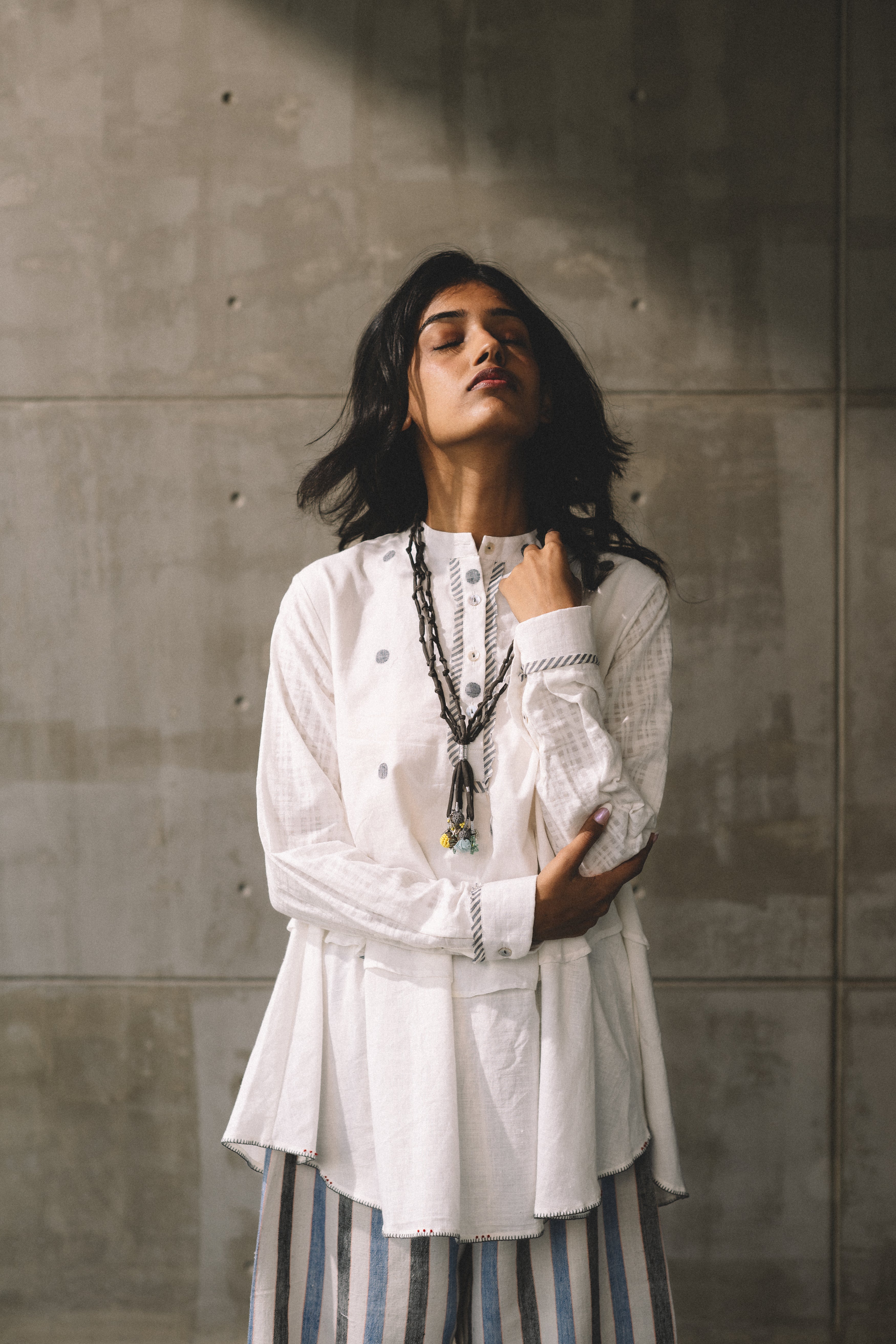 White Work Wear Handwoven Tunic Top by Araayeh with Artisan Made, Handwoven Cotton Material, Office Wear, Polka Dots, Relaxed Fit, Tunic Tops, White at Kamakhyaa for sustainable fashion