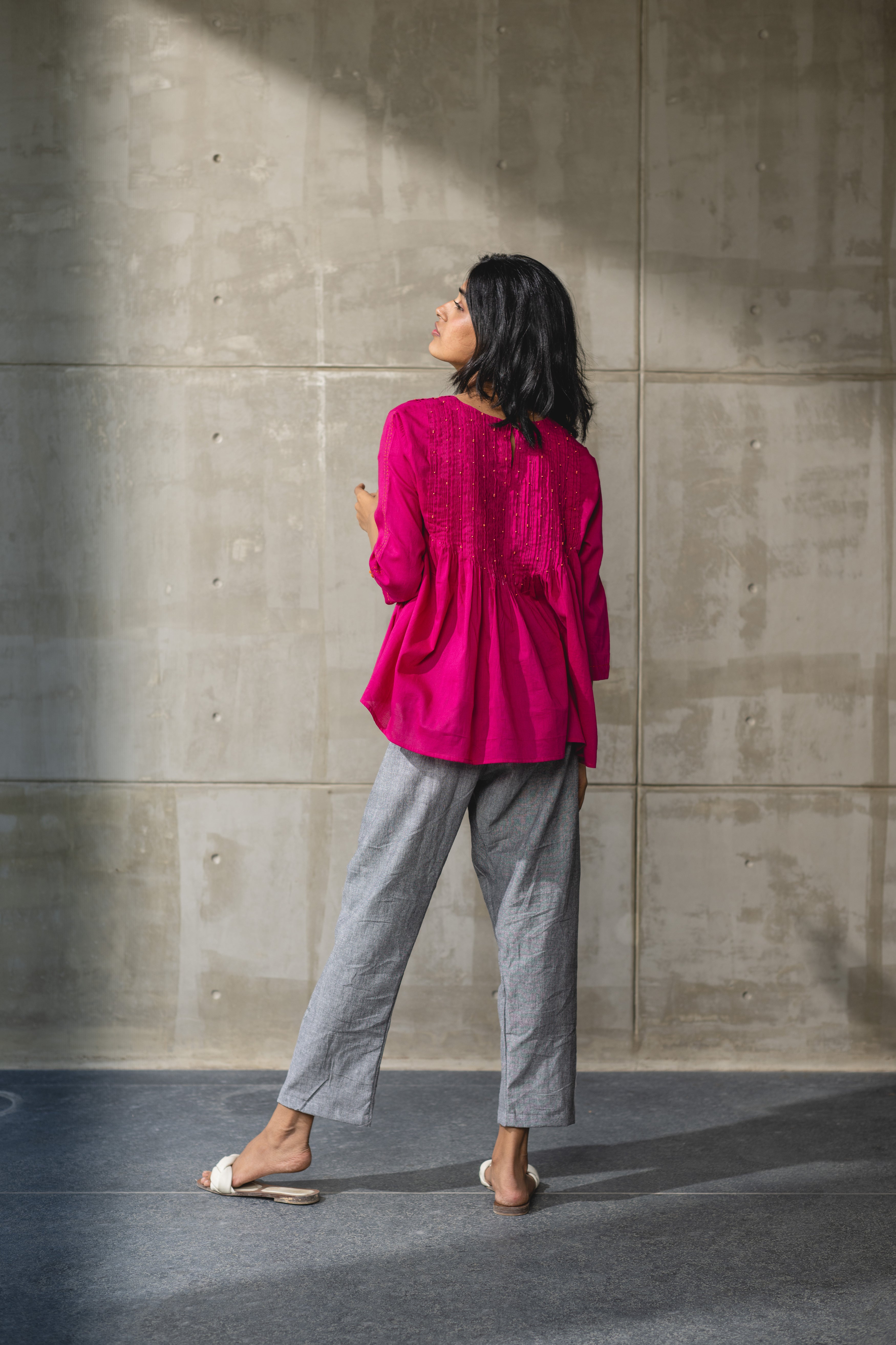 Pink Pintucked Mul Cotton Top by Araayeh with Artisan Made, Casual Wear, Cotton Mul, Pink, Relaxed Fit, Solids, Tunic Tops at Kamakhyaa for sustainable fashion