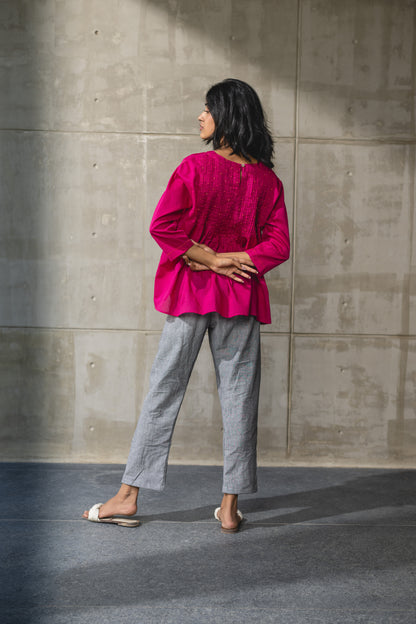 Pink Pintucked Mul Cotton Top by Araayeh with Artisan Made, Casual Wear, Cotton Mul, Pink, Relaxed Fit, Solids, Tunic Tops at Kamakhyaa for sustainable fashion