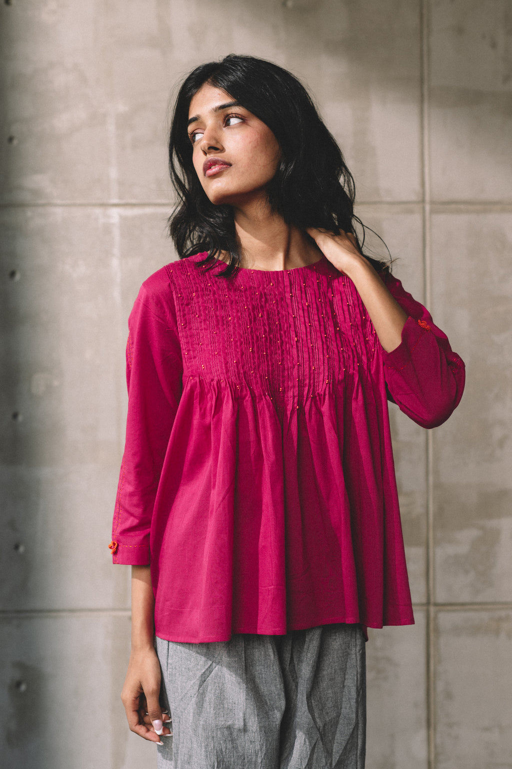 Pink Pintucked Mul Cotton Top by Araayeh with Artisan Made, Casual Wear, Cotton Mul, Pink, Relaxed Fit, Solids, Tunic Tops at Kamakhyaa for sustainable fashion