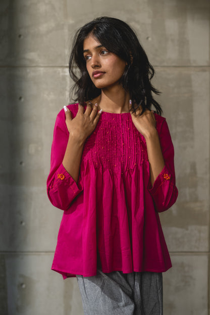 Pink Pintucked Mul Cotton Top by Araayeh with Artisan Made, Casual Wear, Cotton Mul, Pink, Relaxed Fit, Solids, Tunic Tops at Kamakhyaa for sustainable fashion