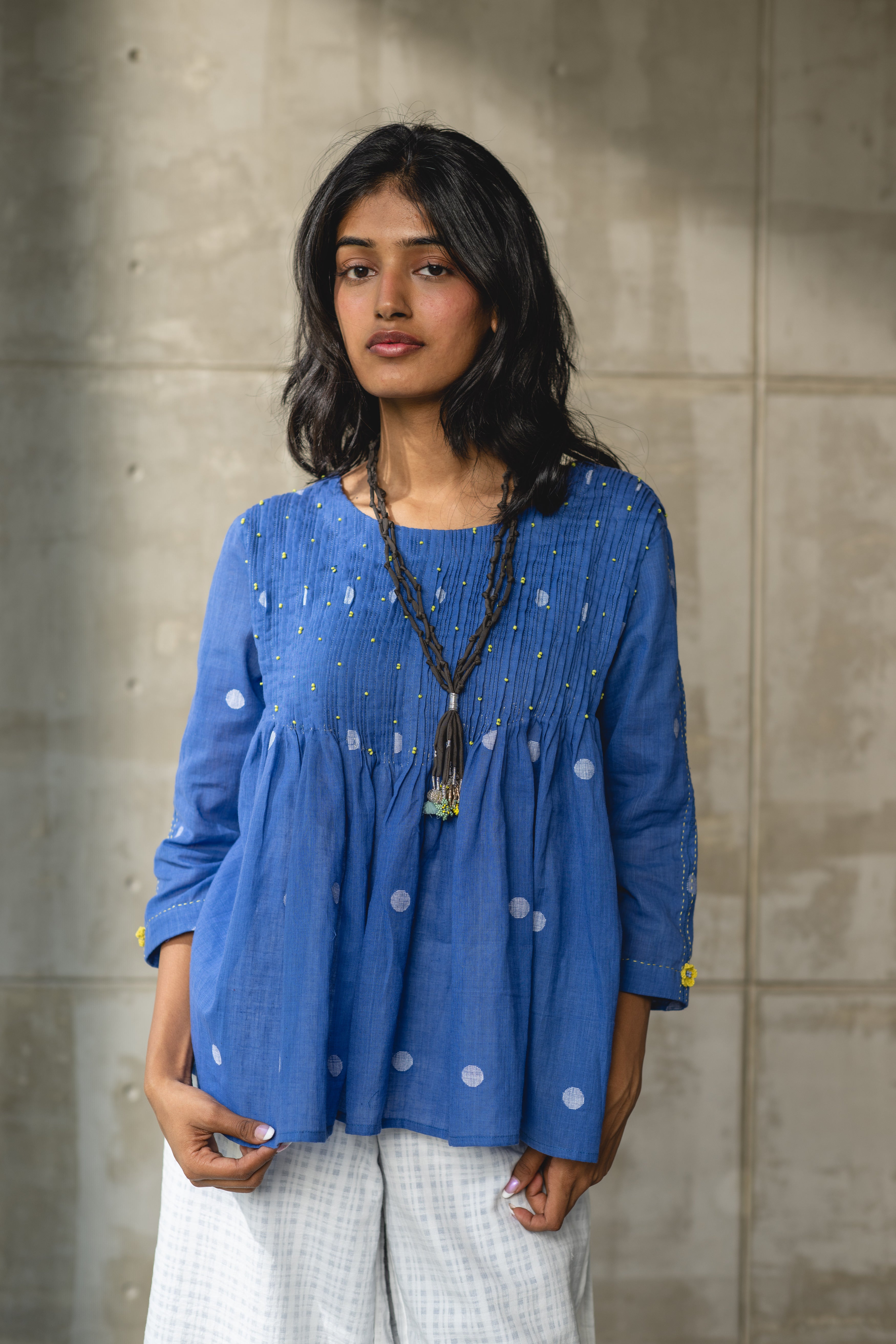 Blue Gathered Pin Tuck Top by Araayeh with Artisan Made, Blue, Casual Wear, Handwoven Cotton Jamdani, Polka Dots, Relaxed Fit, Tunic Tops at Kamakhyaa for sustainable fashion