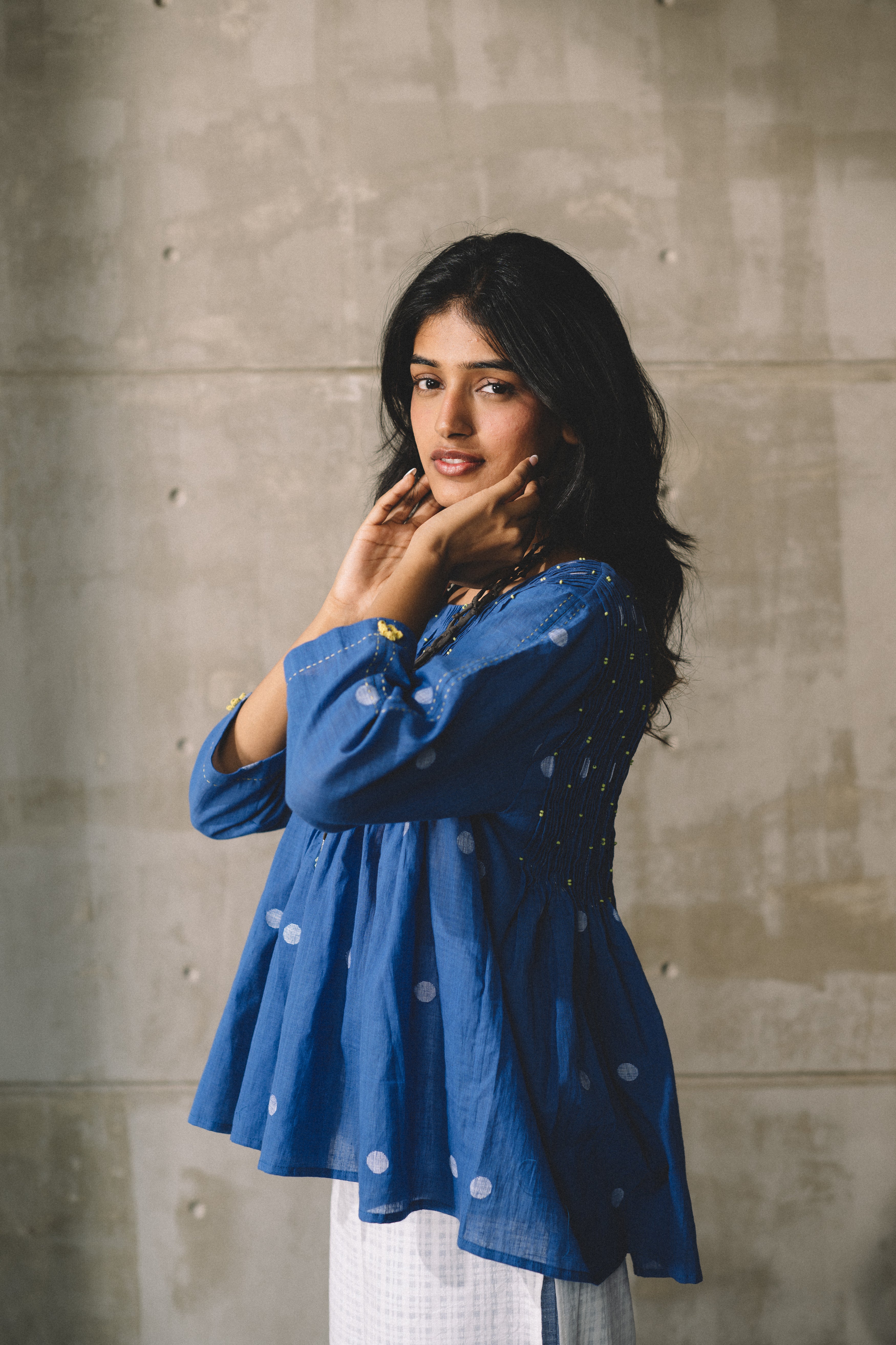 Blue Gathered Pin Tuck Top by Araayeh with Artisan Made, Blue, Casual Wear, Handwoven Cotton Jamdani, Polka Dots, Relaxed Fit, Tunic Tops at Kamakhyaa for sustainable fashion