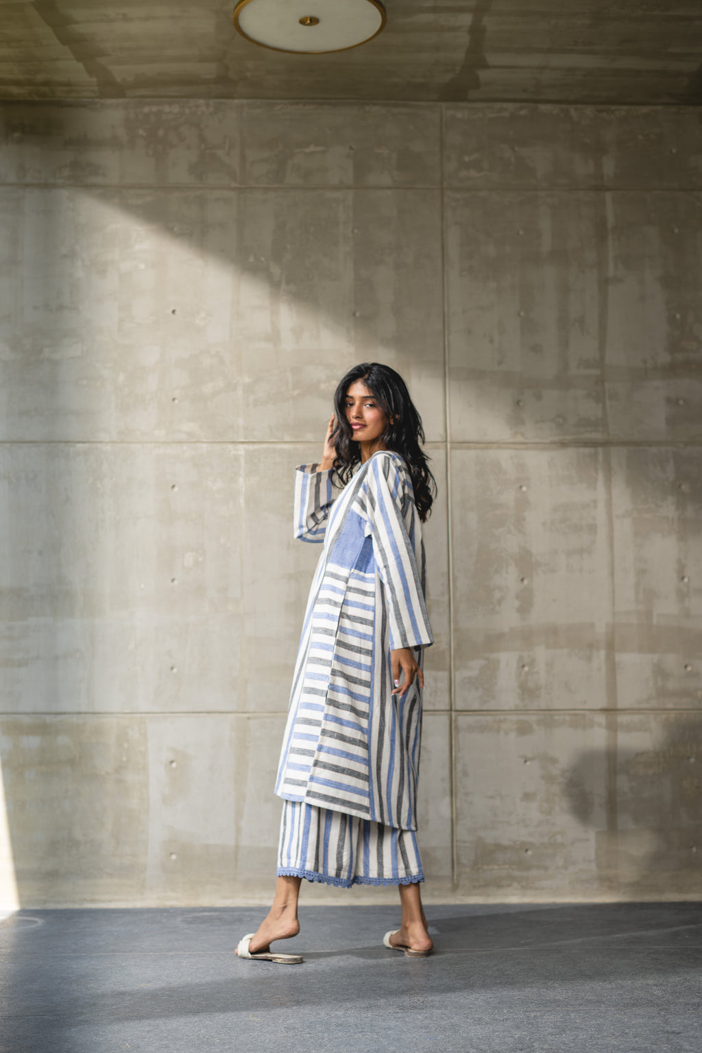 Blue & White Striped Handwoven Cotton Kurta by Araayeh with Artisan Made, Blue, Handwoven Cotton, Kurtas, Office Wear, Relaxed Fit, Stripes at Kamakhyaa for sustainable fashion