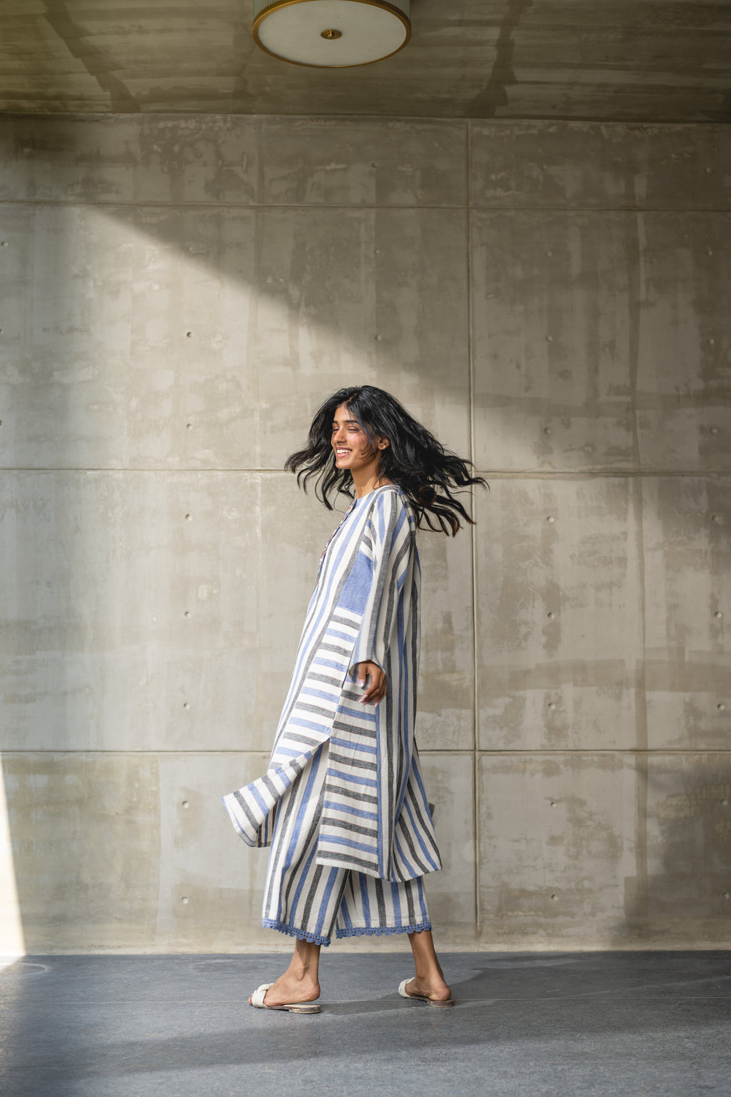 Blue & White Striped Handwoven Cotton Kurta by Araayeh with Artisan Made, Blue, Handwoven Cotton, Kurtas, Office Wear, Relaxed Fit, Stripes at Kamakhyaa for sustainable fashion